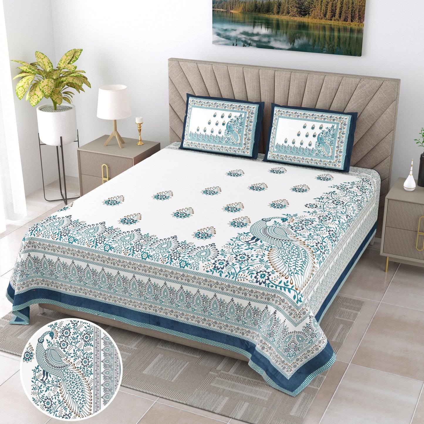 120/120 Alveera 100% Cotton Super Jumbo King Size Double Bedsheet with 2 Pillow Covers, Ultra-Soft & Breathable Fabric - HLB77