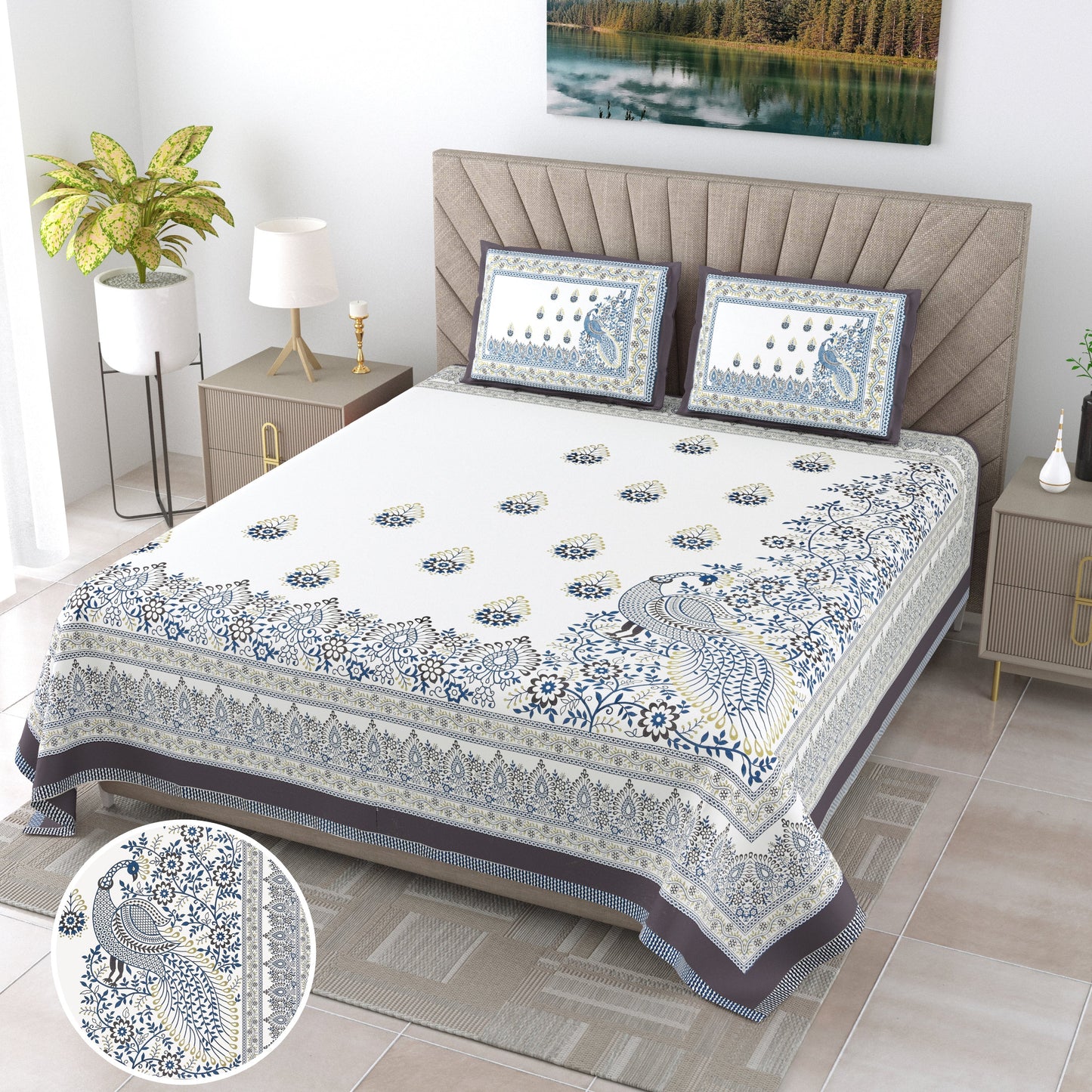 120/120 Alveera 100% Cotton Super Jumbo King Size Double Bedsheet with 2 Pillow Covers, Ultra-Soft & Breathable Fabric - HLB77