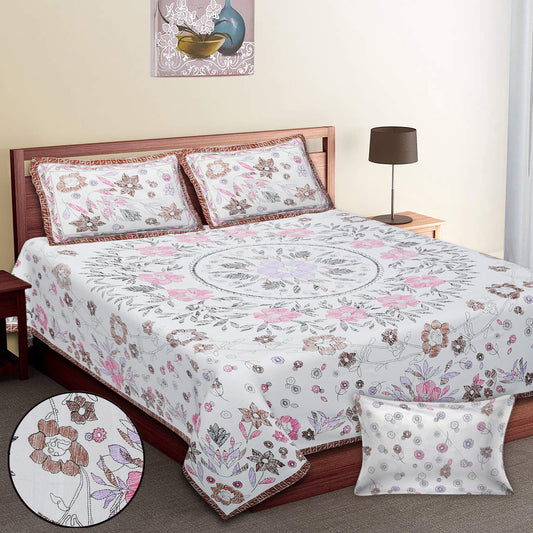 108/108 Artistic Collection 100% Cotton Jumbo Size Double Bedsheet with 2 Pillow Covers, Unique Patterns & Smooth Texture - HLB71