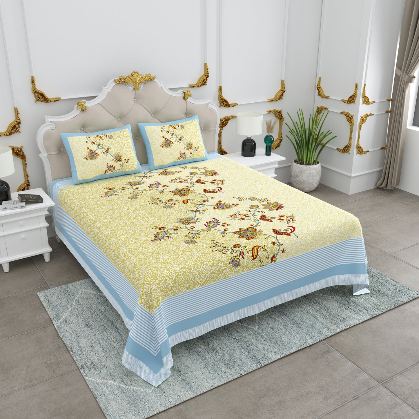 108/108 Basil 100% Cotton Jumbo Size Double Bedsheet with 2 Pillow Covers, Premium Weave & Comfortable Feel - HLB66