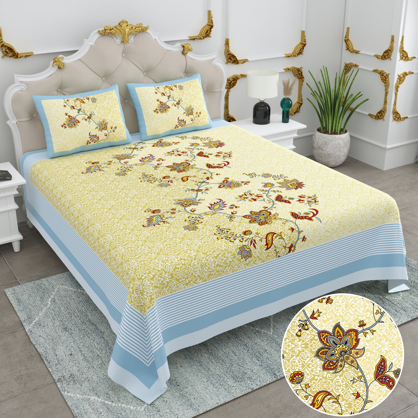 108/108 Basil 100% Cotton Jumbo Size Double Bedsheet with 2 Pillow Covers, Premium Weave & Comfortable Feel - HLB66