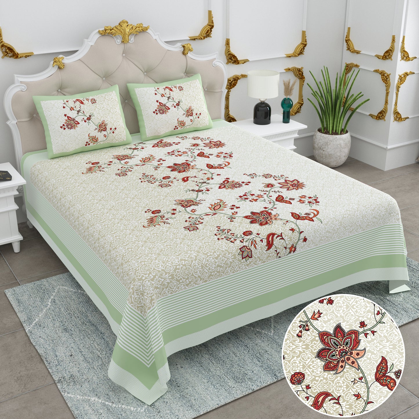 108/108 Basil 100% Cotton Jumbo Size Double Bedsheet with 2 Pillow Covers, Premium Weave & Comfortable Feel - HLB66