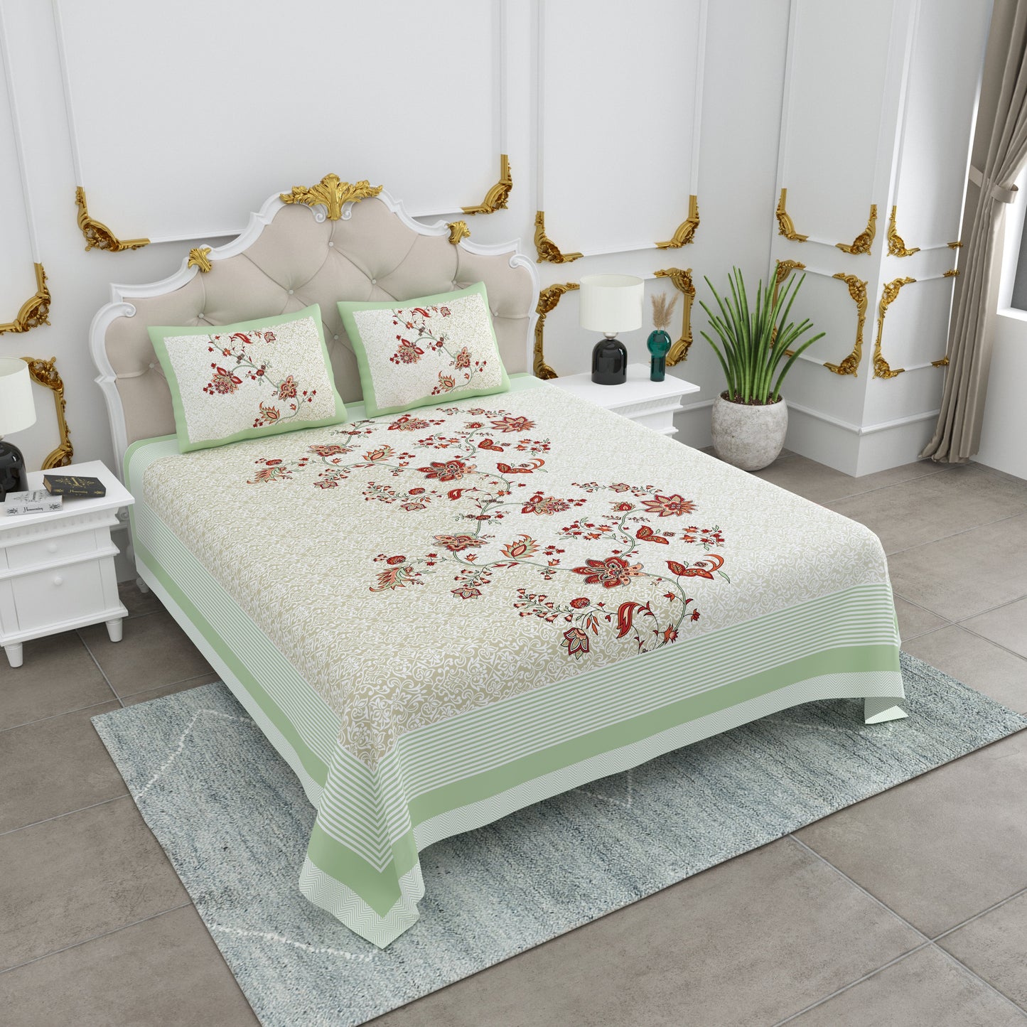 108/108 Basil 100% Cotton Jumbo Size Double Bedsheet with 2 Pillow Covers, Premium Weave & Comfortable Feel - HLB66
