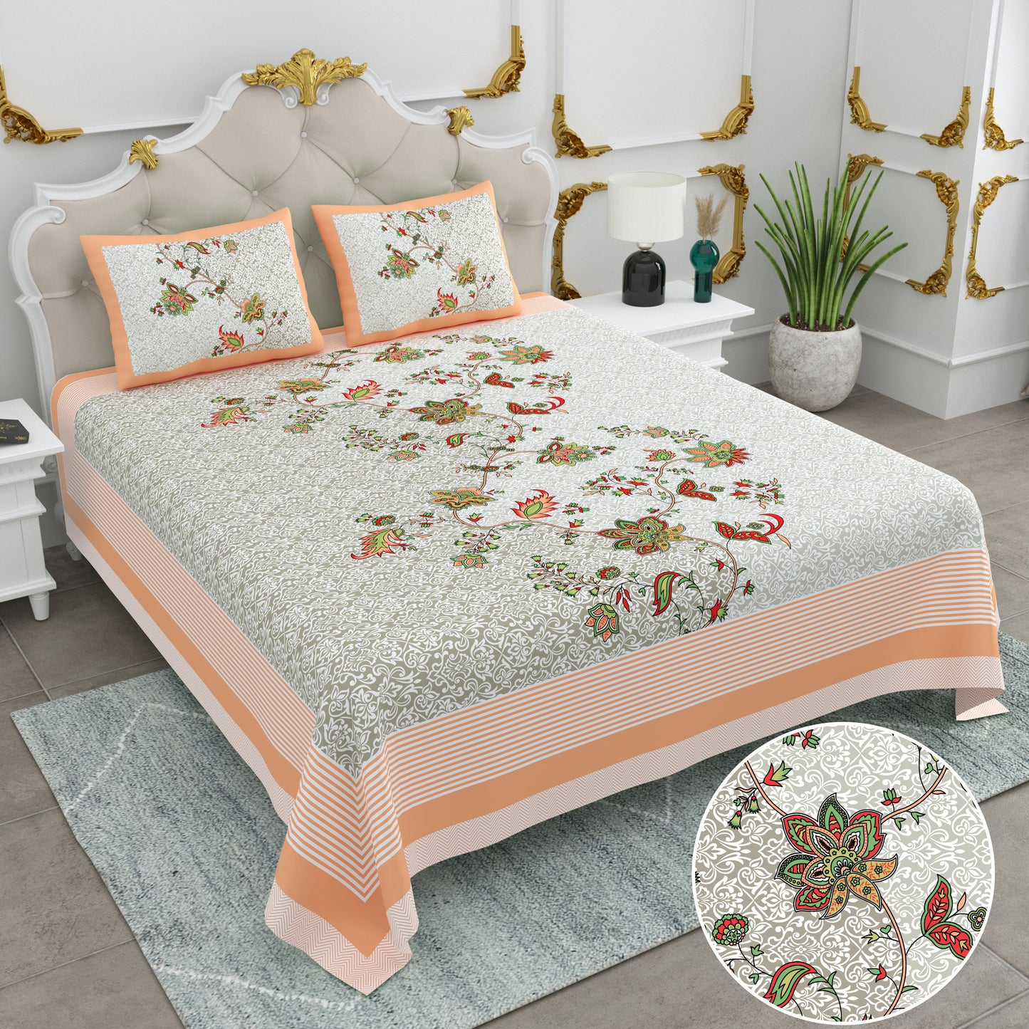 108/108 Basil 100% Cotton Jumbo Size Double Bedsheet with 2 Pillow Covers, Premium Weave & Comfortable Feel - HLB66