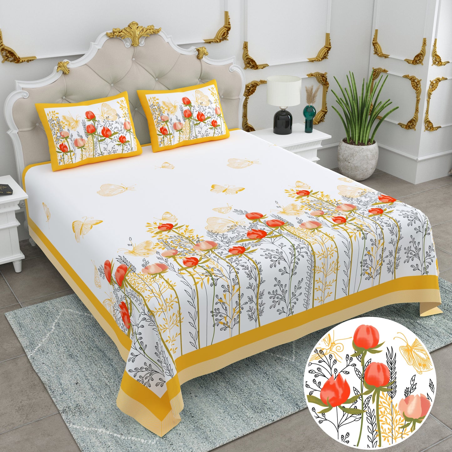 108/108 Basil 100% Cotton Jumbo Size Double Bedsheet with 2 Pillow Covers, Premium Weave & Comfortable Feel - HLB66