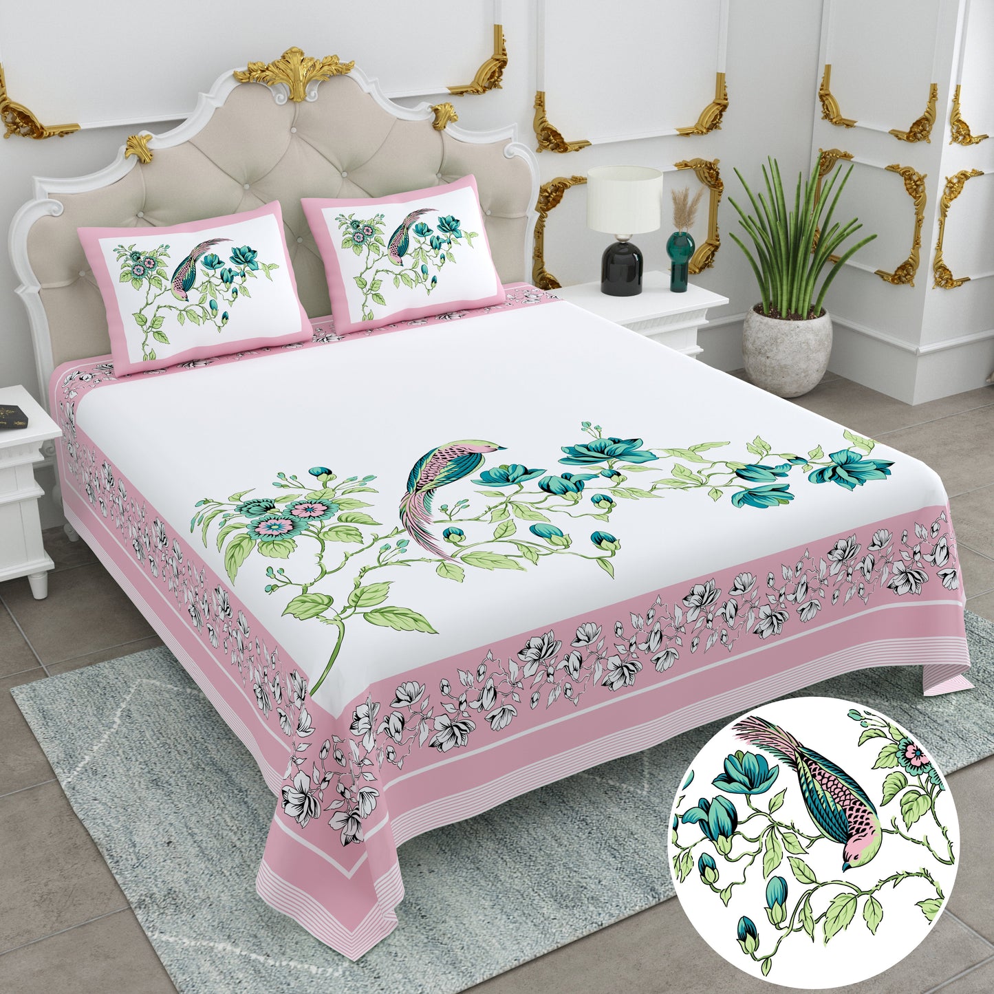 108/108 Basil 100% Cotton Jumbo Size Double Bedsheet with 2 Pillow Covers, Premium Weave & Comfortable Feel - HLB66