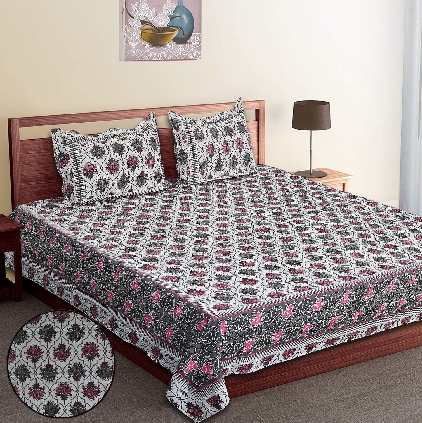 120/120 Celebration 100% Cotton Super Jumbo King Size Double Bedsheet with 2 Pillow Covers, Elegant Design & Cozy Comfort - HLB79