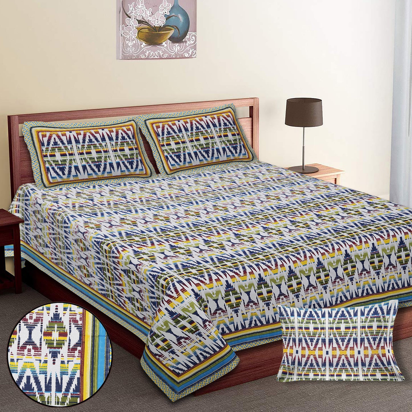 108/108 Colours of Joy 100% Cotton Jumbo Size Double Bedsheet with 2 Pillow Covers, Vibrant & Breathable Fabric - HLB72