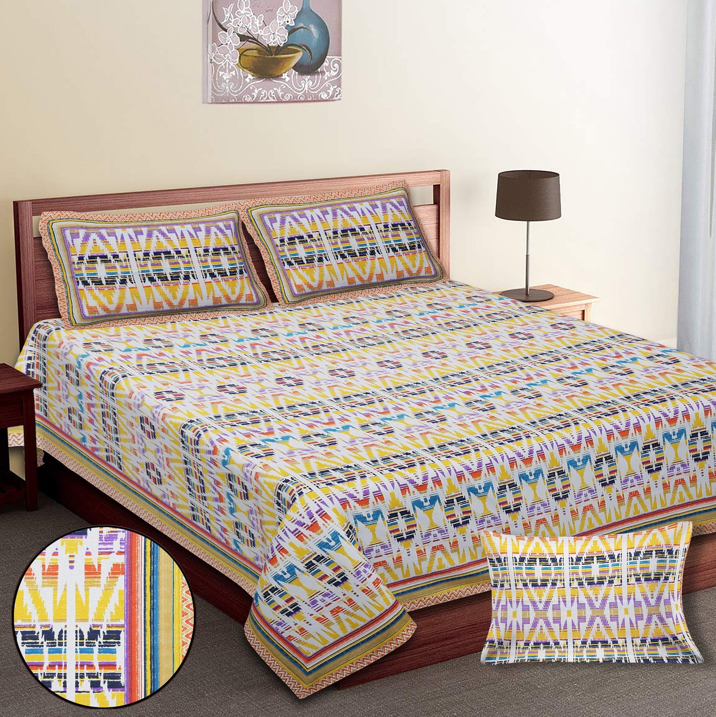 108/108 Colours of Joy 100% Cotton Jumbo Size Double Bedsheet with 2 Pillow Covers, Vibrant & Breathable Fabric - HLB72