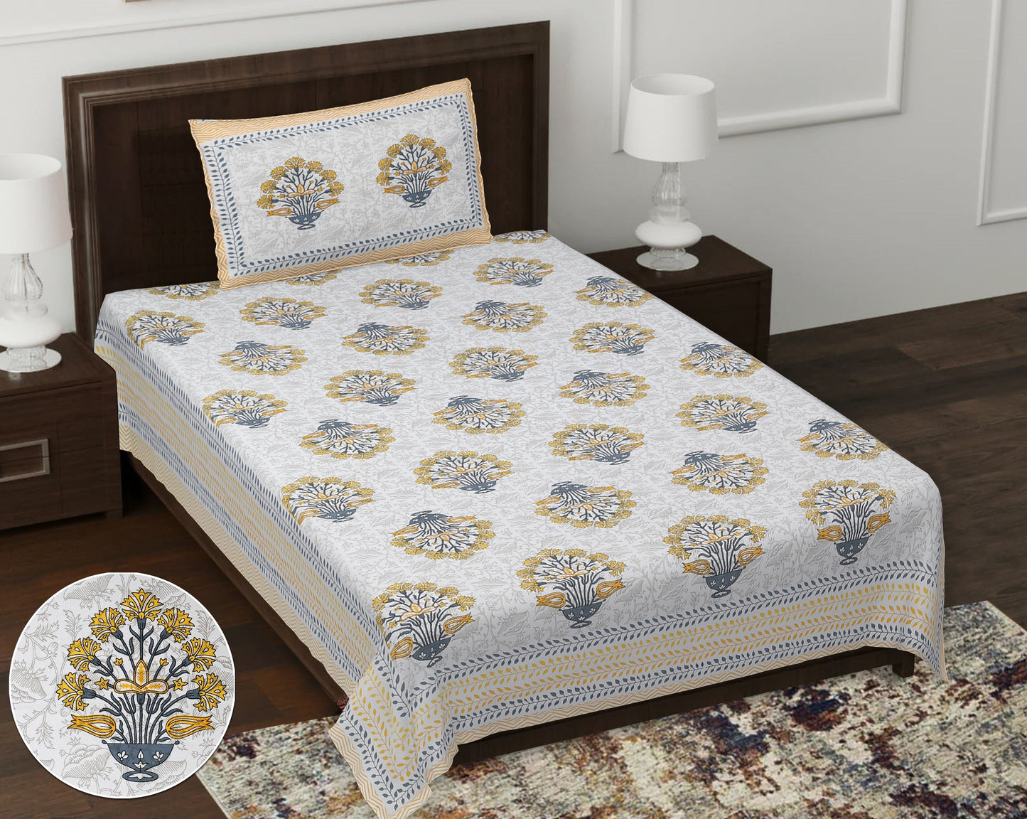 63" Geometrical 100% Cotton Single Bedsheet with 1 Pillow Cover, Stylish & Comfortable - HLB07