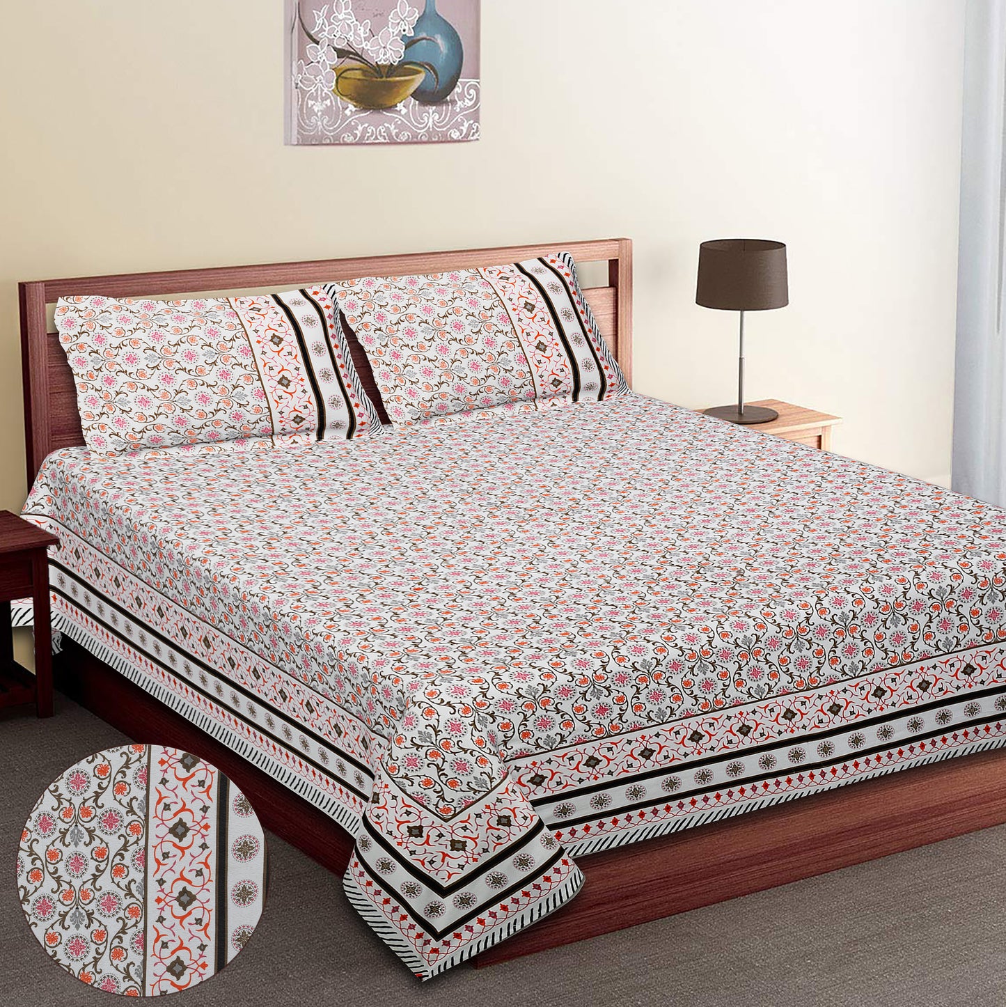 90/108 Fortune 100% Cotton Standard King Size Double Bedsheet with 2 Pillow Covers, Premium Comfort & Smooth Texture - HLB09