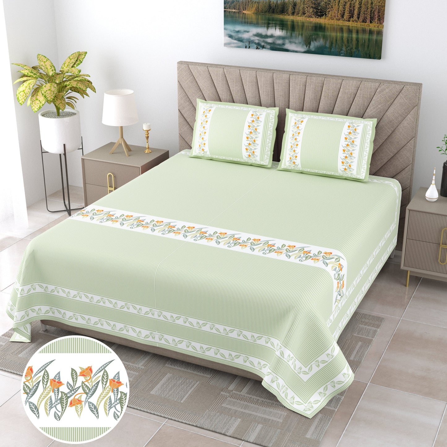 108/108 G-20 100% Cotton Jumbo Size Double Bedsheet with 2 Pillow Covers, Soft Texture & Breathable Fabric - HLB67