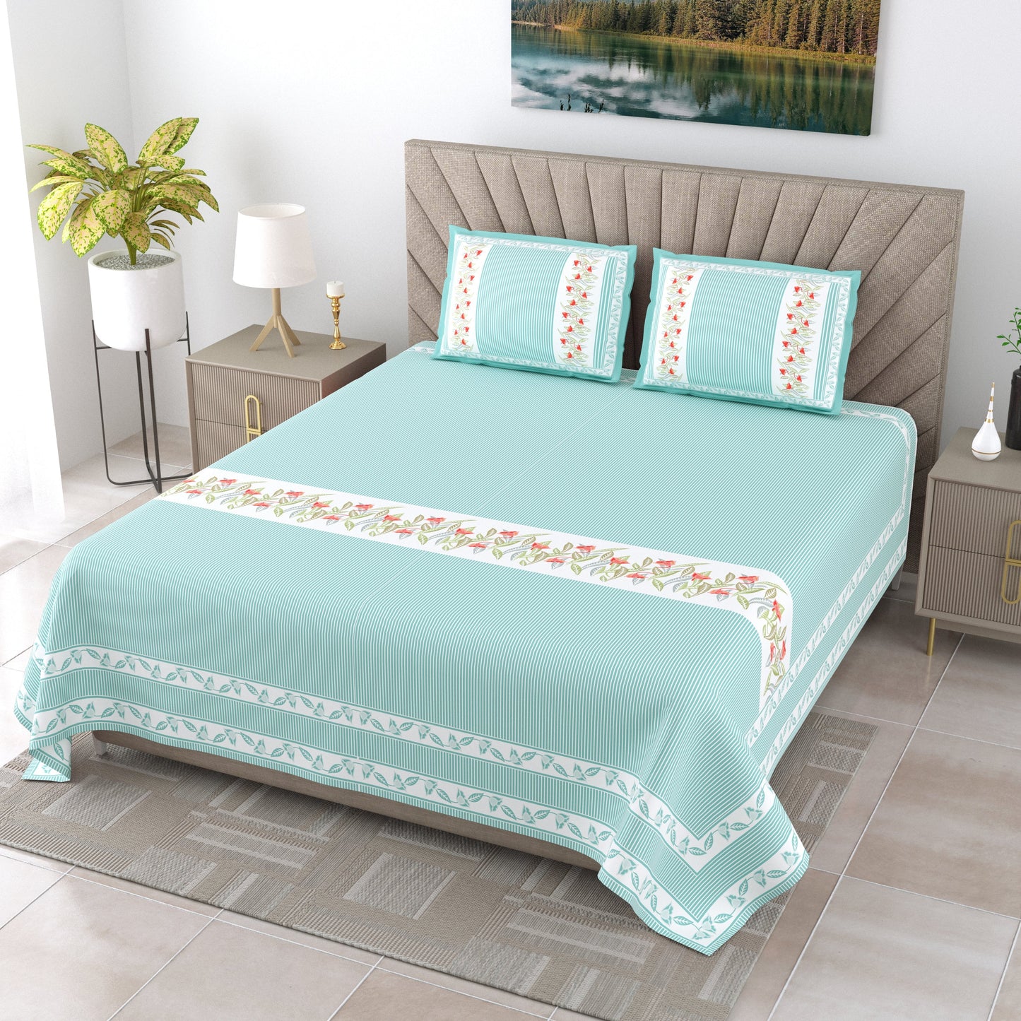 108/108 G-20 100% Cotton Jumbo Size Double Bedsheet with 2 Pillow Covers, Soft Texture & Breathable Fabric - HLB67