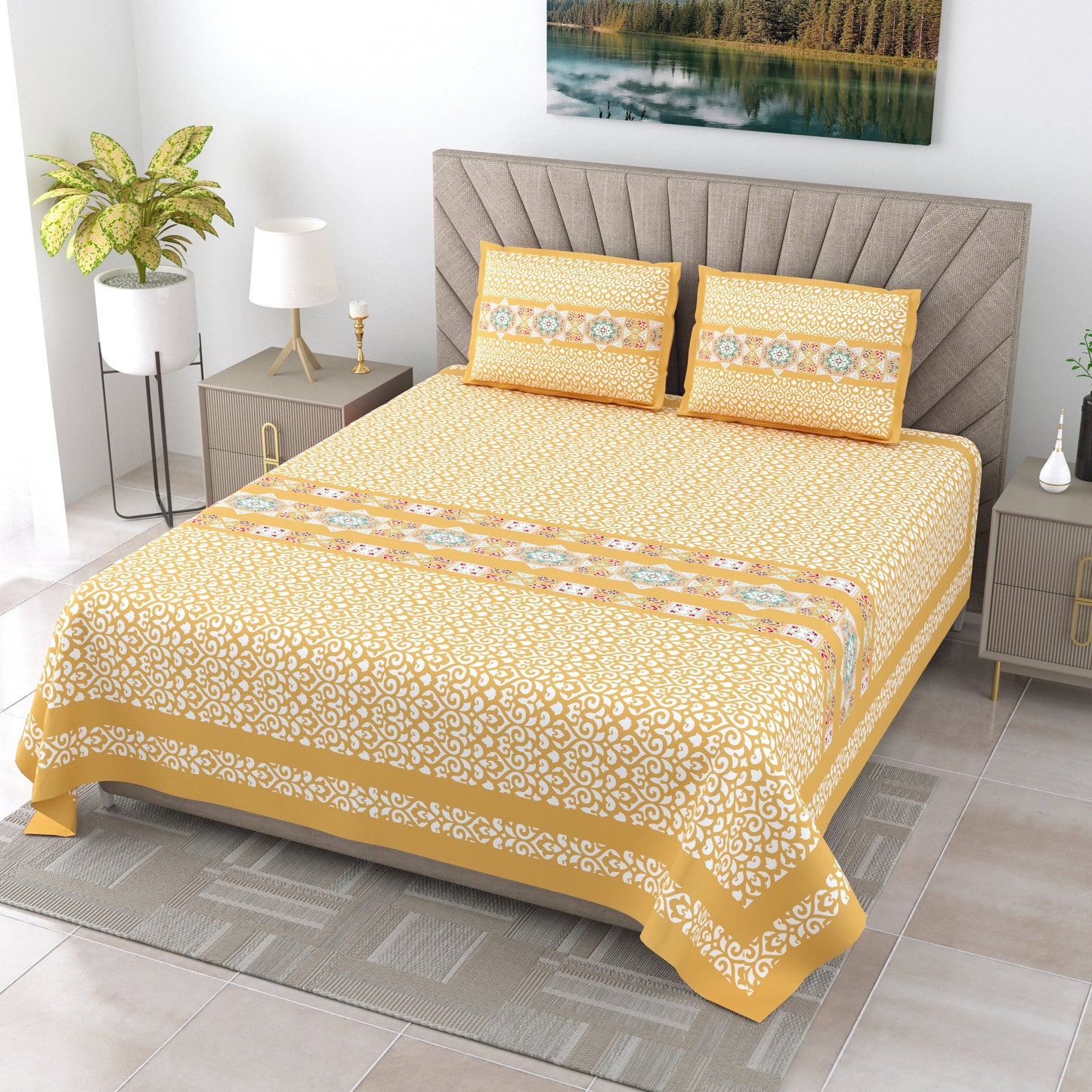 108/108 G-20 100% Cotton Jumbo Size Double Bedsheet with 2 Pillow Covers, Soft Texture & Breathable Fabric - HLB67