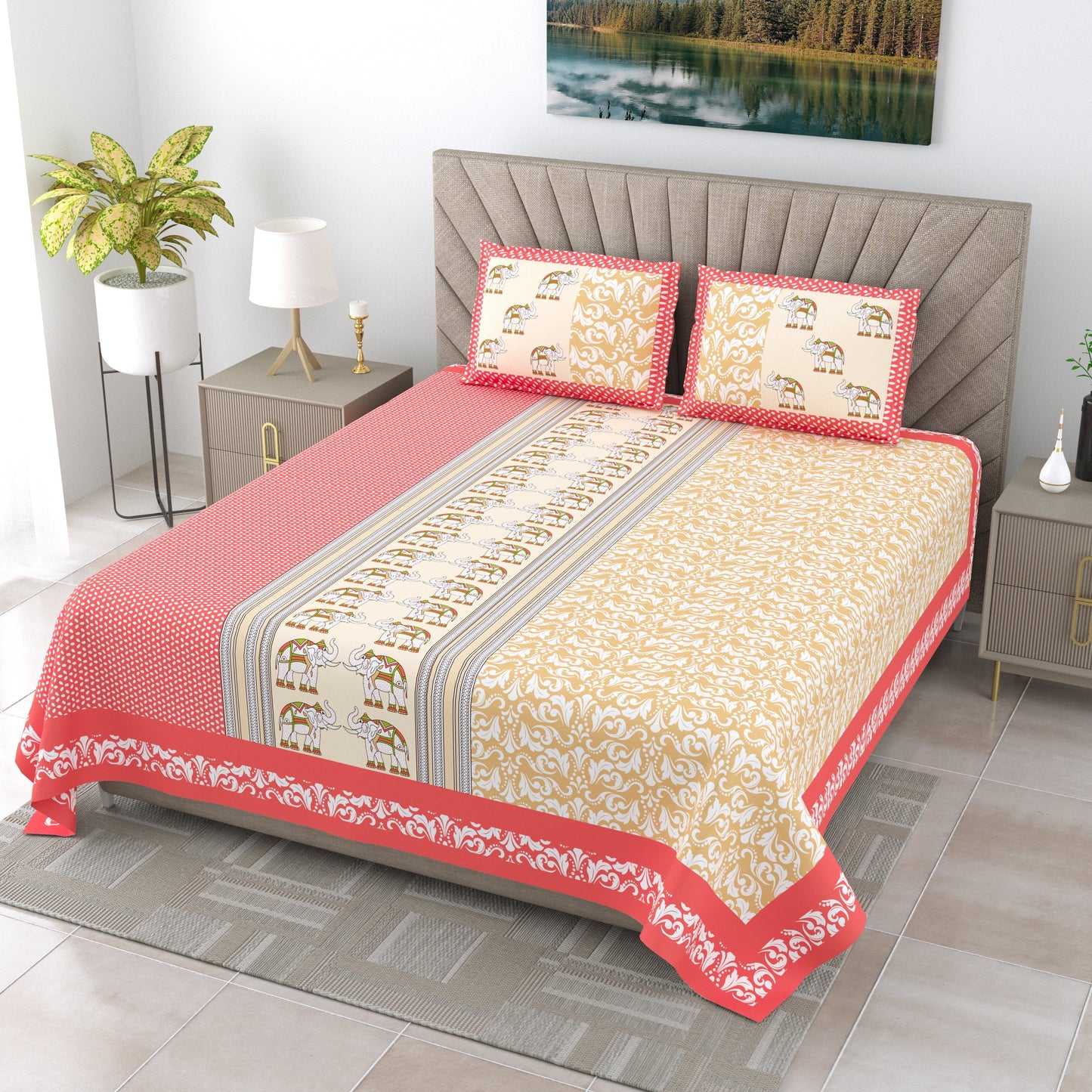 108/108 G-20 100% Cotton Jumbo Size Double Bedsheet with 2 Pillow Covers, Soft Texture & Breathable Fabric - HLB67