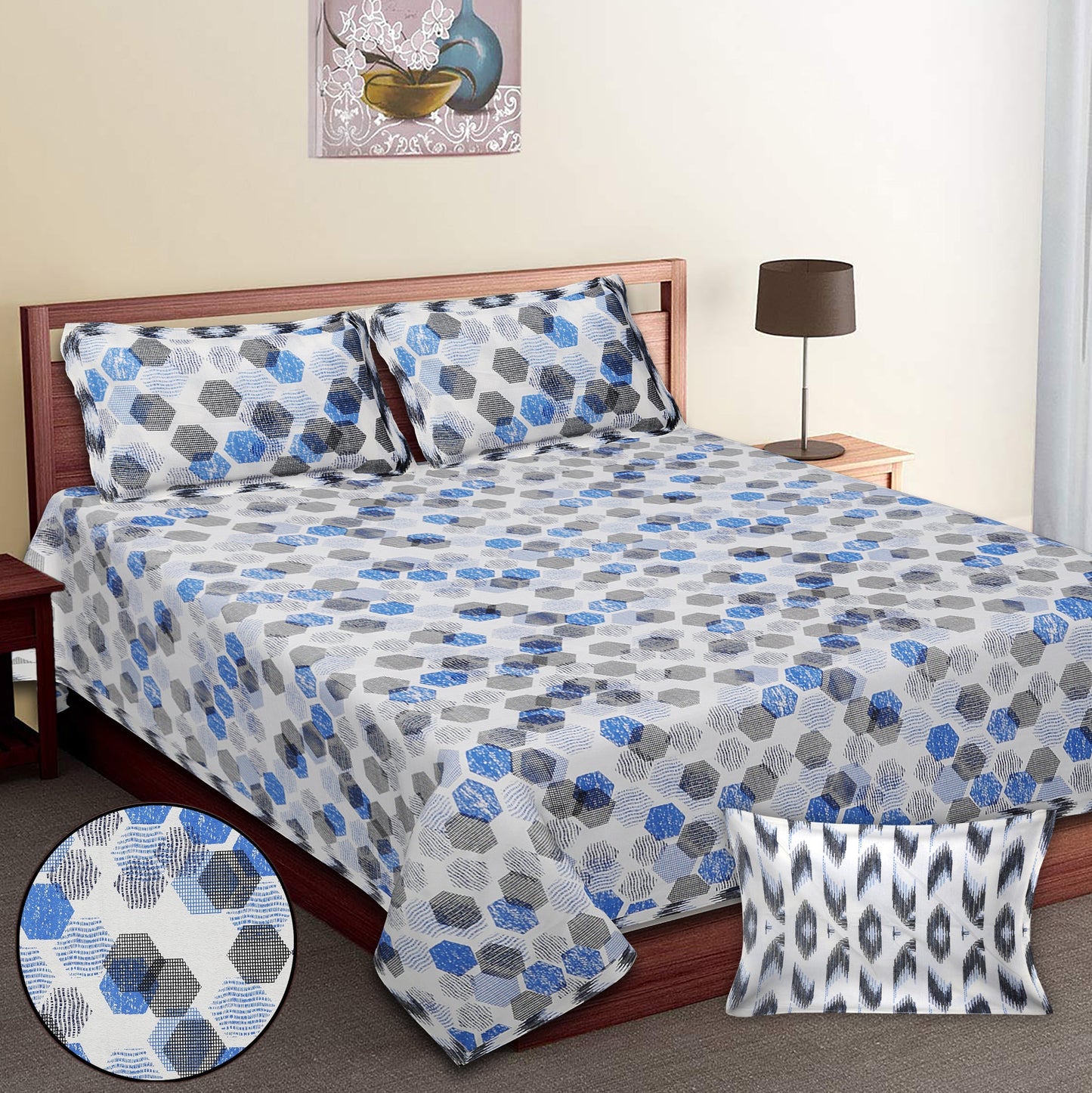 70/100 Geometrical 100% Cotton Single Bedsheet with 2 Pillow Covers, Soft & Elegant Design - HLB11