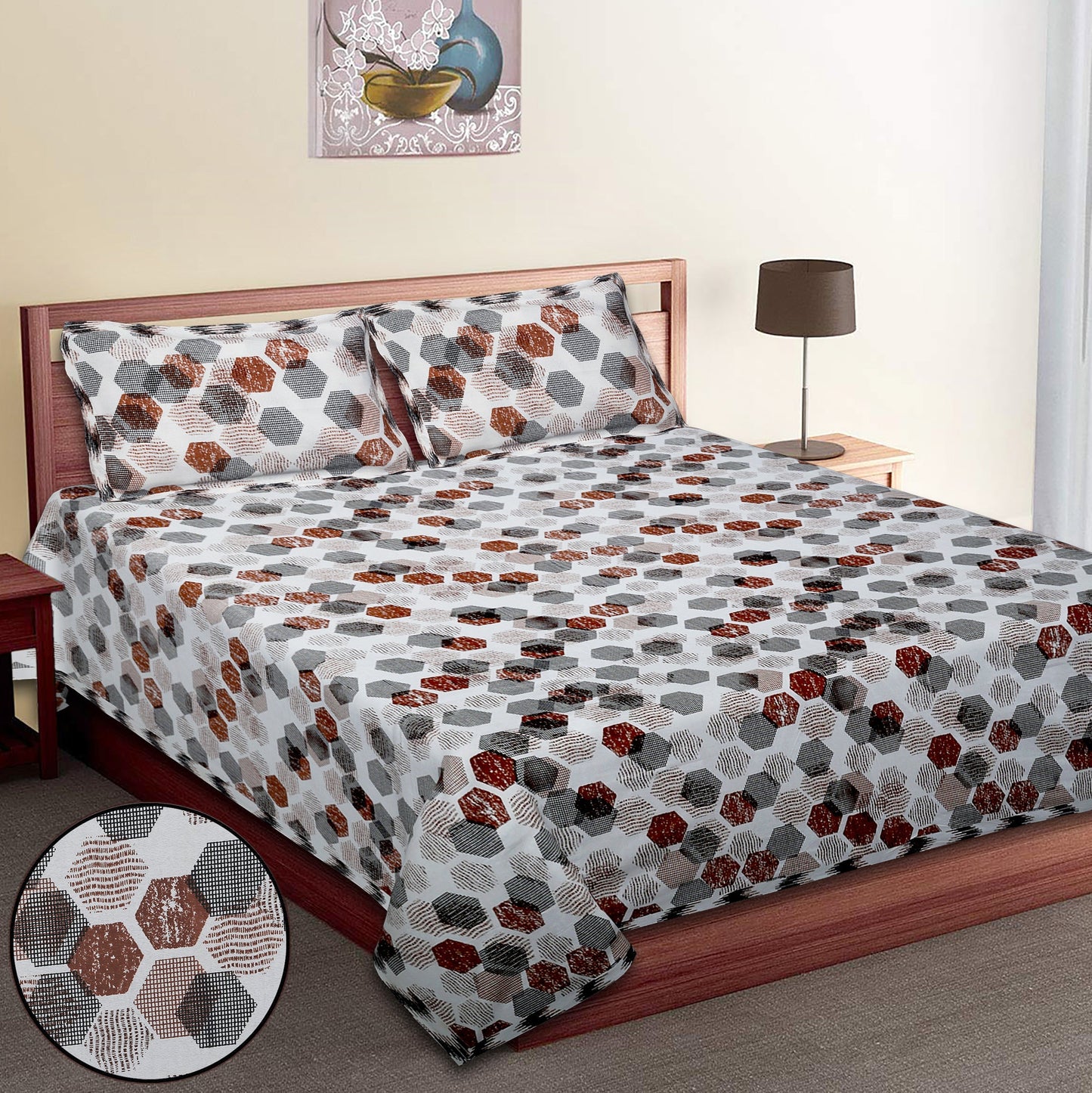 70/100 Geometrical 100% Cotton Single Bedsheet with 2 Pillow Covers, Soft & Elegant Design - HLB11