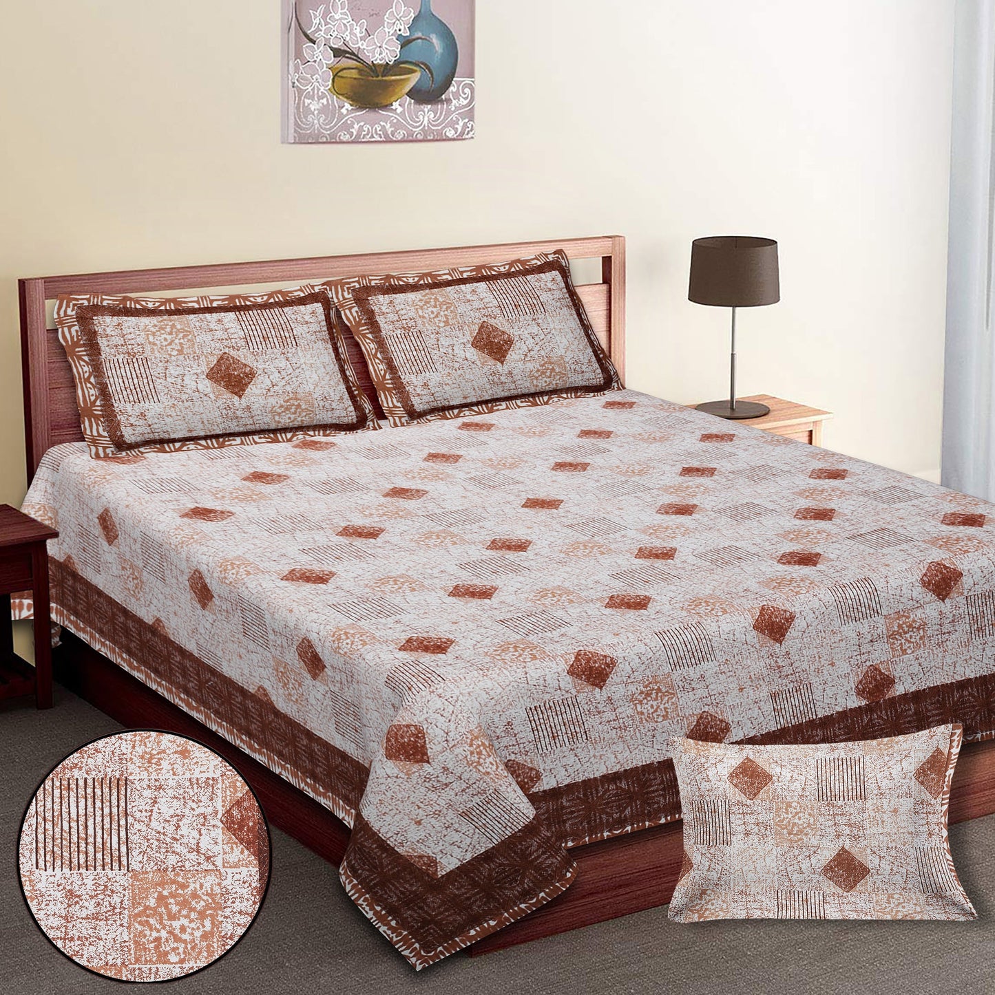 108/108 Geometrical 100% Cotton Jumbo Size Double Bedsheet with 2 Pillow Covers, Modern Design & Ultra-Soft Feel - HLB70