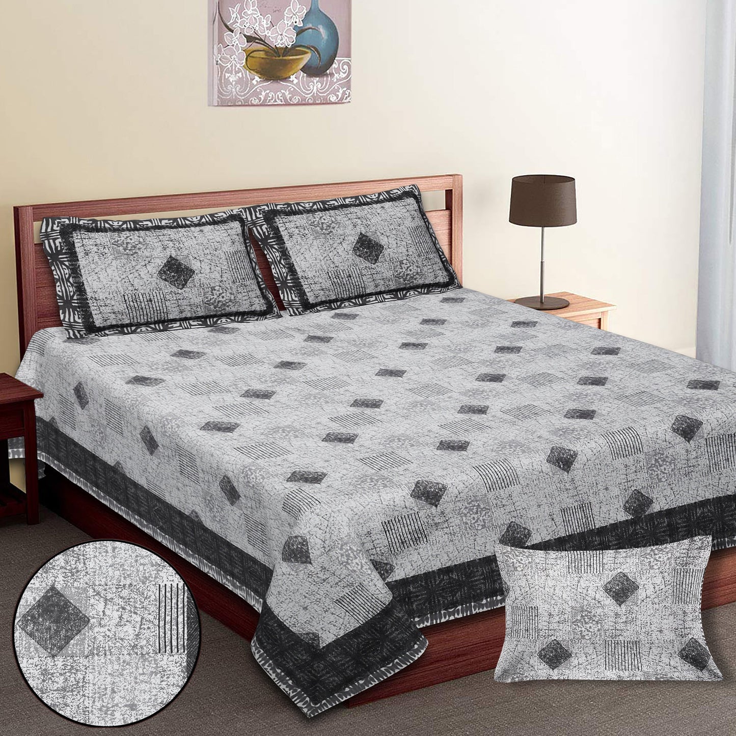 108/108 Geometrical 100% Cotton Jumbo Size Double Bedsheet with 2 Pillow Covers, Modern Design & Ultra-Soft Feel - HLB70