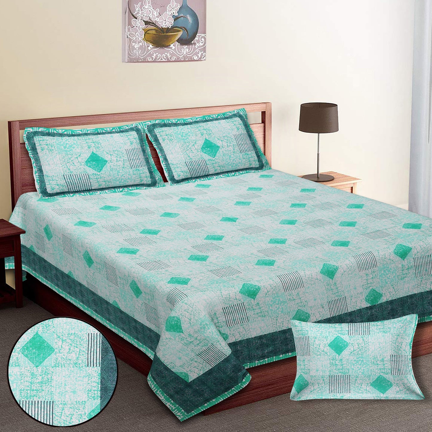 70/100 Geometrical 100% Cotton Single Bedsheet with 2 Pillow Covers, Soft & Elegant Design - HLB11
