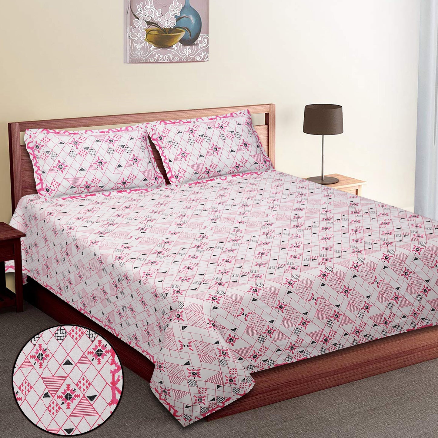 108/108 Geometrical 100% Cotton Jumbo Size Double Bedsheet with 2 Pillow Covers, Modern Design & Ultra-Soft Feel - HLB70