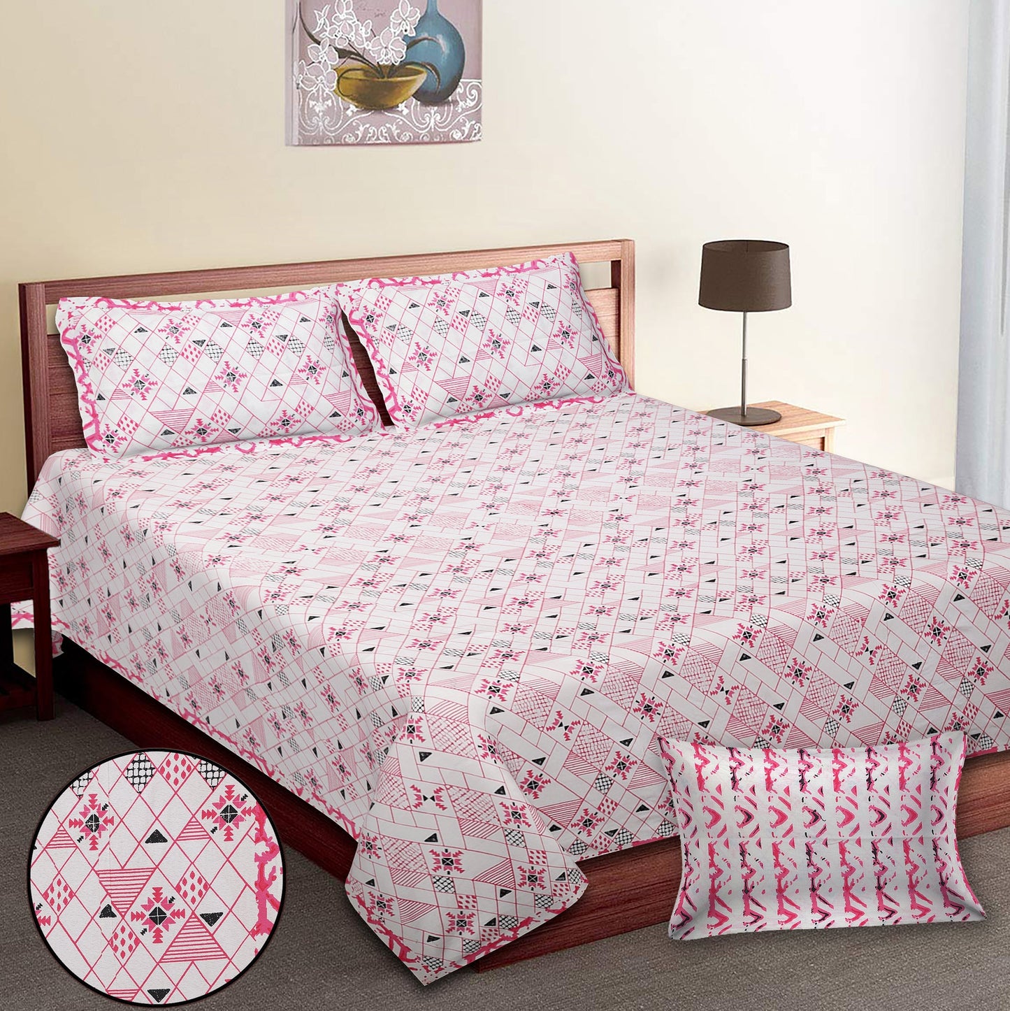 108/108 Geometrical 100% Cotton Jumbo Size Double Bedsheet with 2 Pillow Covers, Modern Design & Ultra-Soft Feel - HLB70