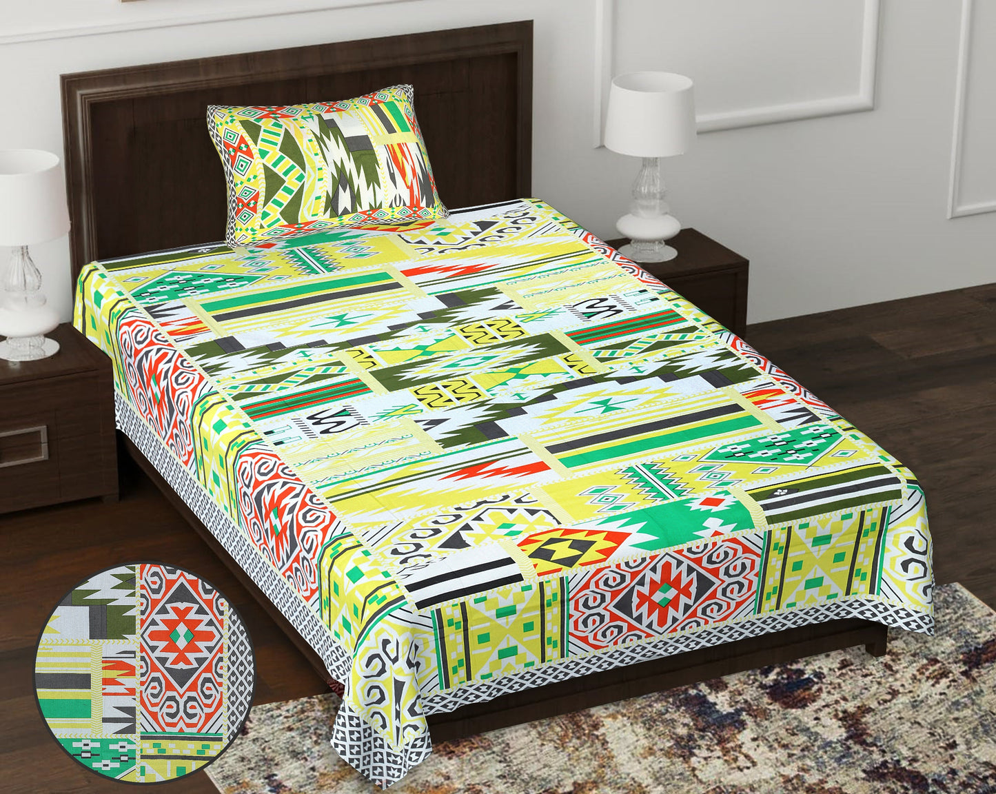 63" Geometrical 100% Cotton Single Bedsheet with 1 Pillow Cover, Stylish & Comfortable - HLB07