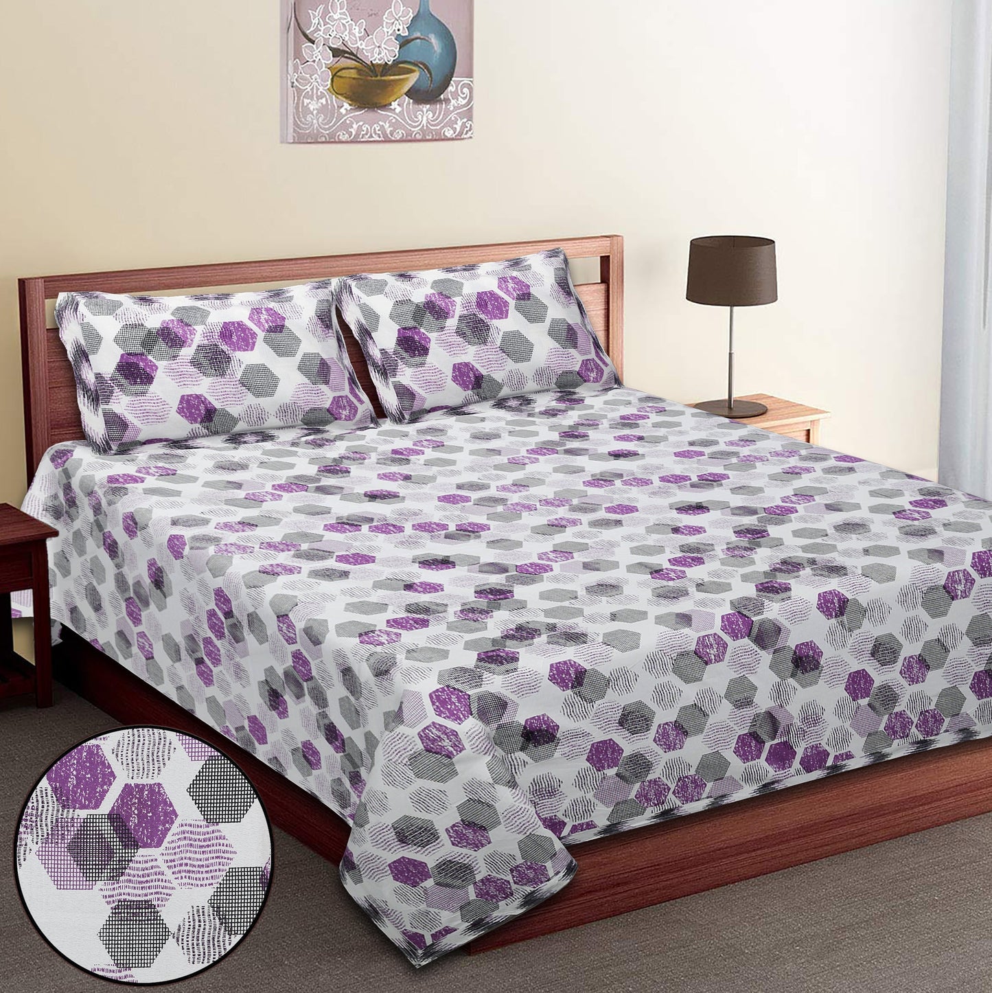 108/108 Geometrical 100% Cotton Jumbo Size Double Bedsheet with 2 Pillow Covers, Modern Design & Ultra-Soft Feel - HLB70