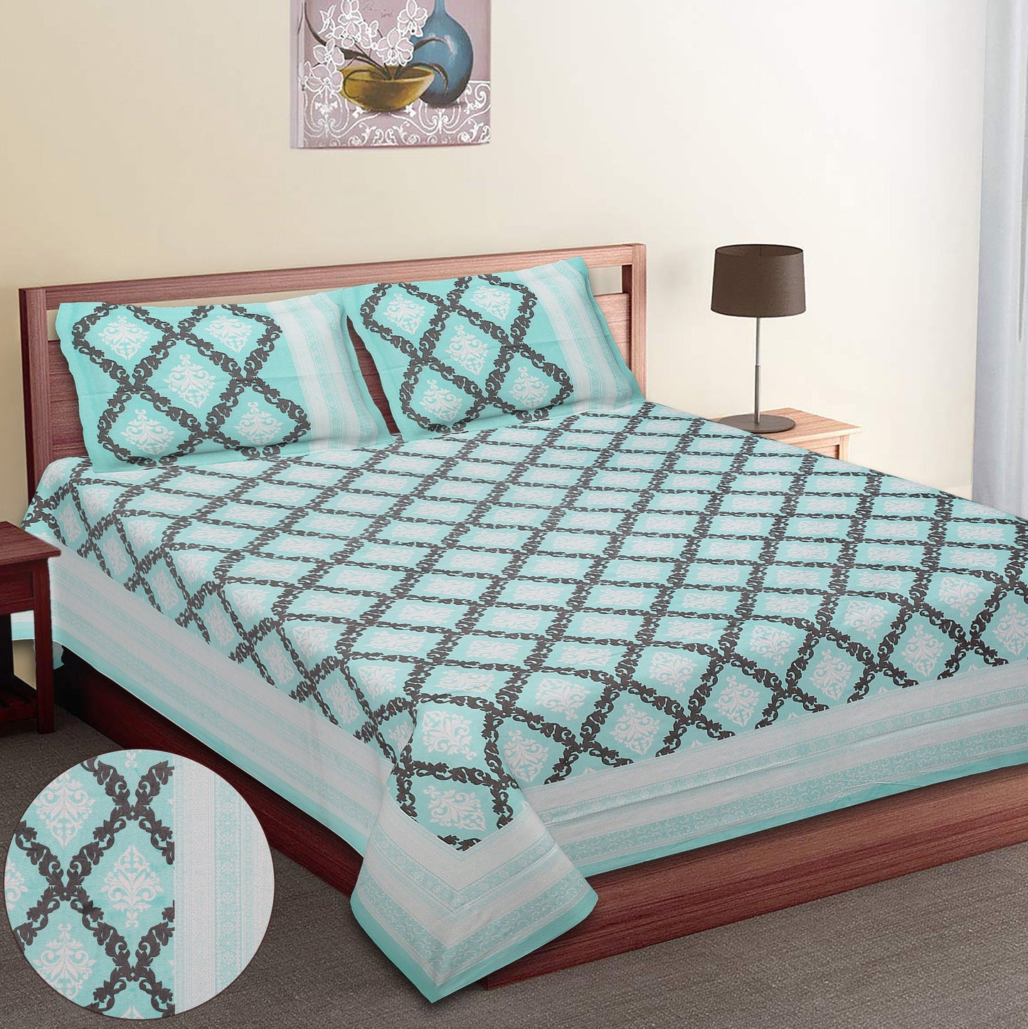 108/108 Geometrical 100% Cotton Jumbo Size Double Bedsheet with 2 Pillow Covers, Modern Design & Ultra-Soft Feel - HLB70