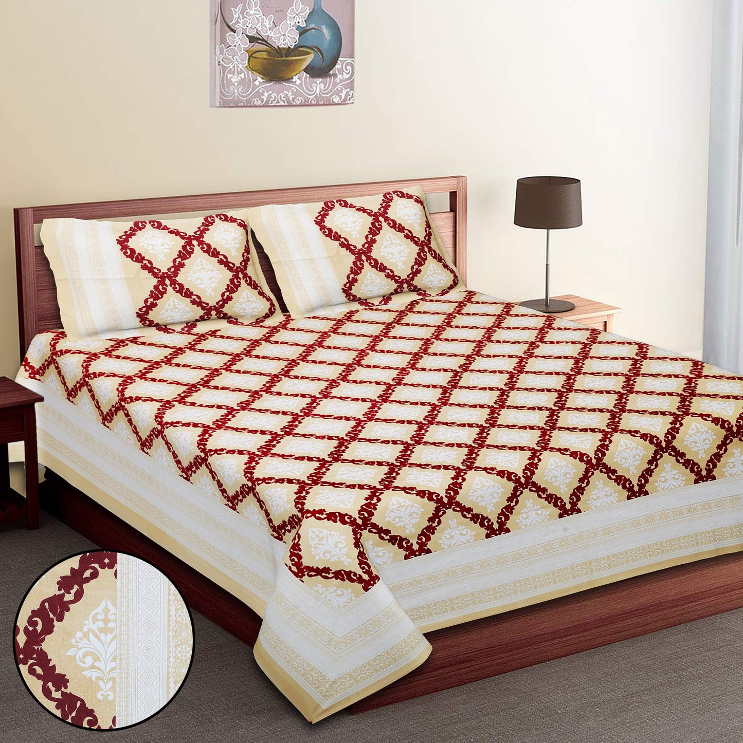 108/108 Geometrical 100% Cotton Jumbo Size Double Bedsheet with 2 Pillow Covers, Modern Design & Ultra-Soft Feel - HLB70