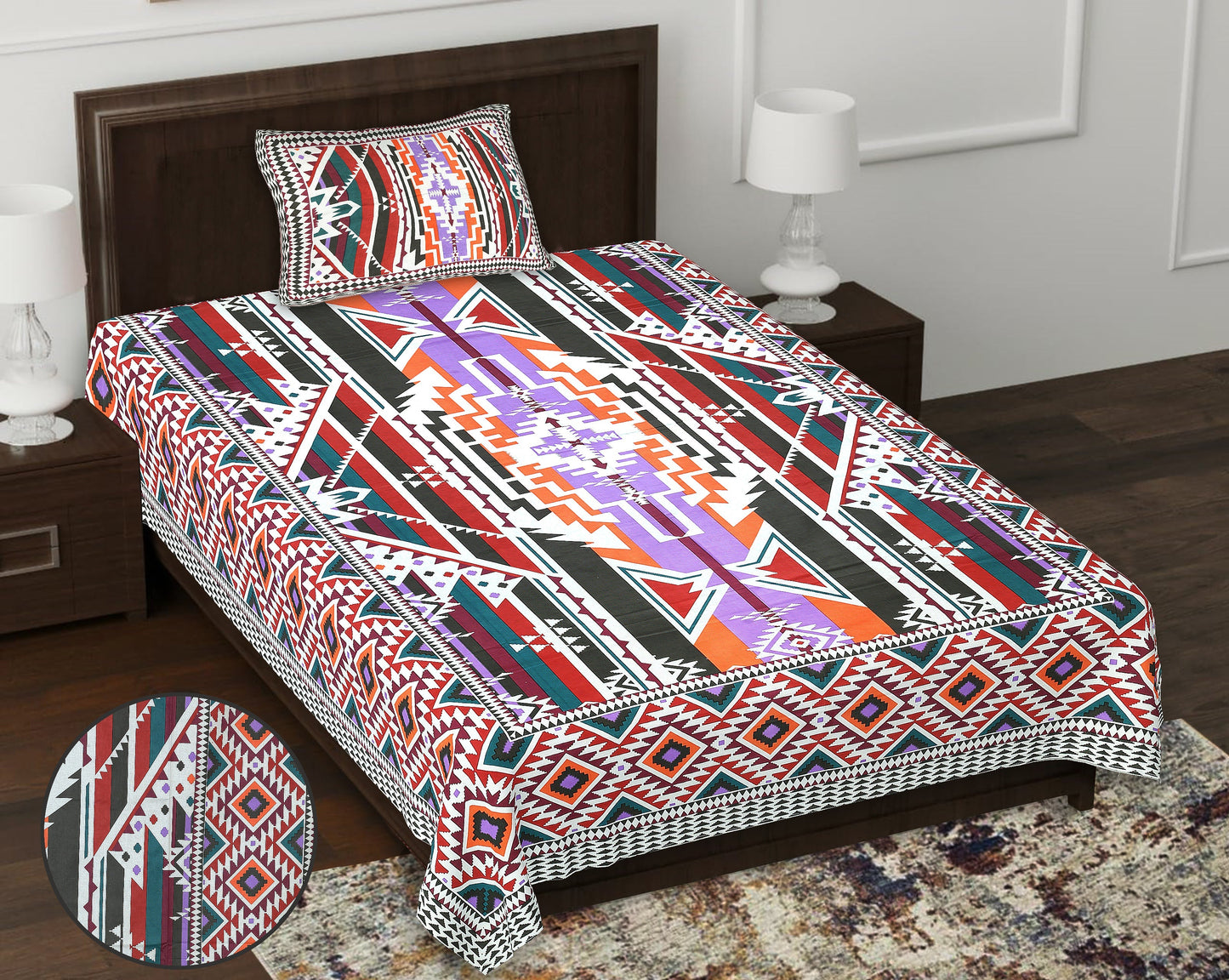 63" Geometrical 100% Cotton Single Bedsheet with 1 Pillow Cover, Stylish & Comfortable - HLB07