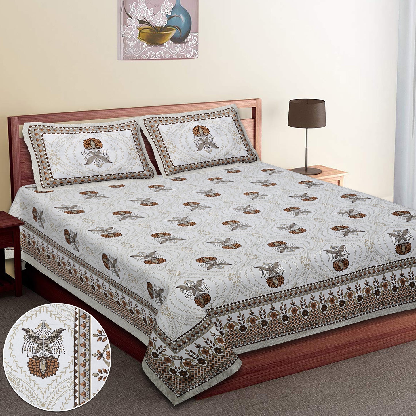 108/108 Hastkala 100% Cotton Jumbo Size Double Bedsheet with 2 Pillow Covers, Traditional Craft & Premium Comfort - HLB69
