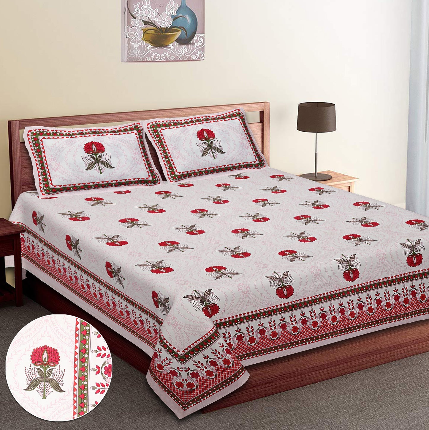 108/108 Hastkala 100% Cotton Jumbo Size Double Bedsheet with 2 Pillow Covers, Traditional Craft & Premium Comfort - HLB69