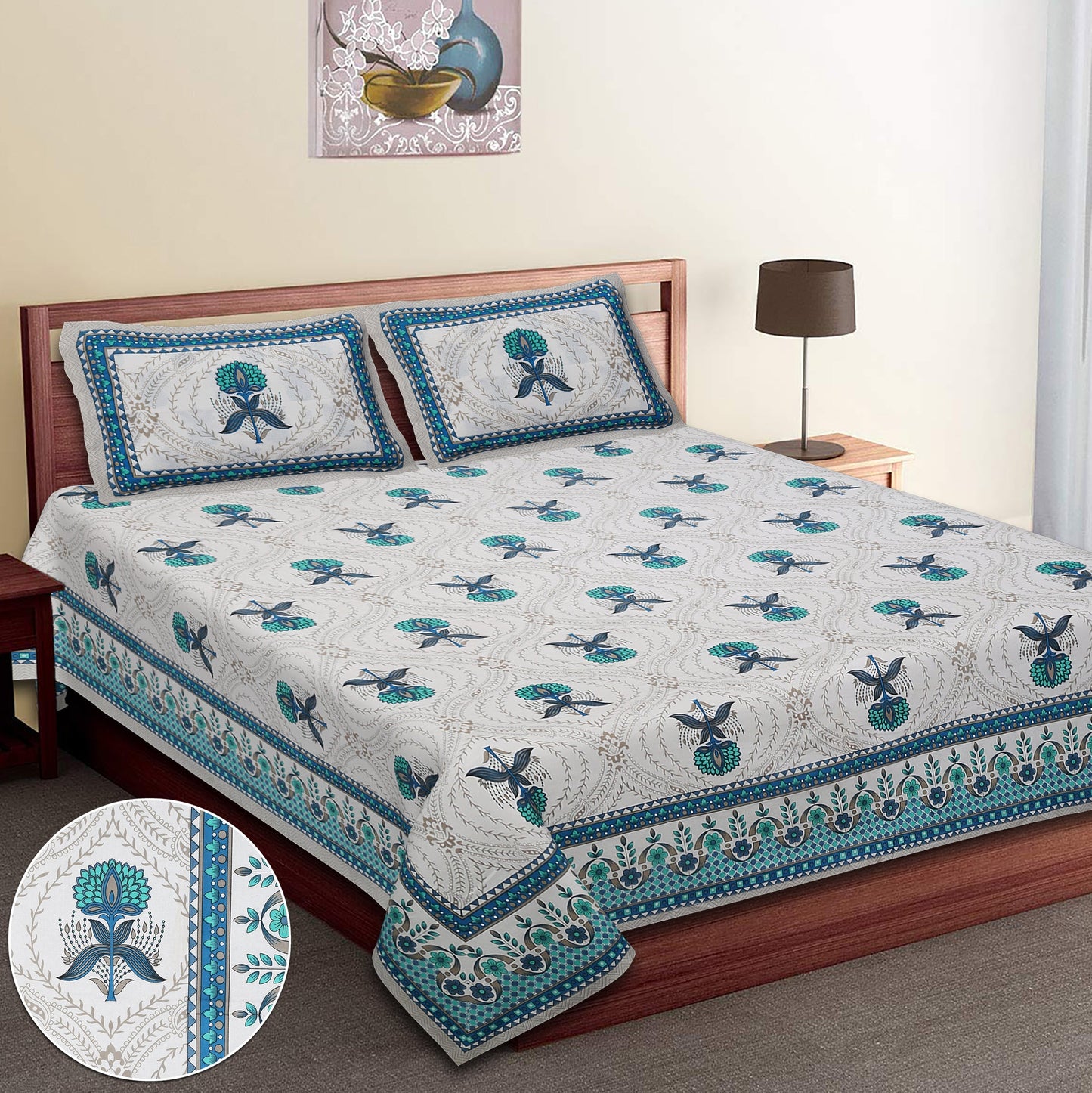 108/108 Hastkala 100% Cotton Jumbo Size Double Bedsheet with 2 Pillow Covers, Traditional Craft & Premium Comfort - HLB69