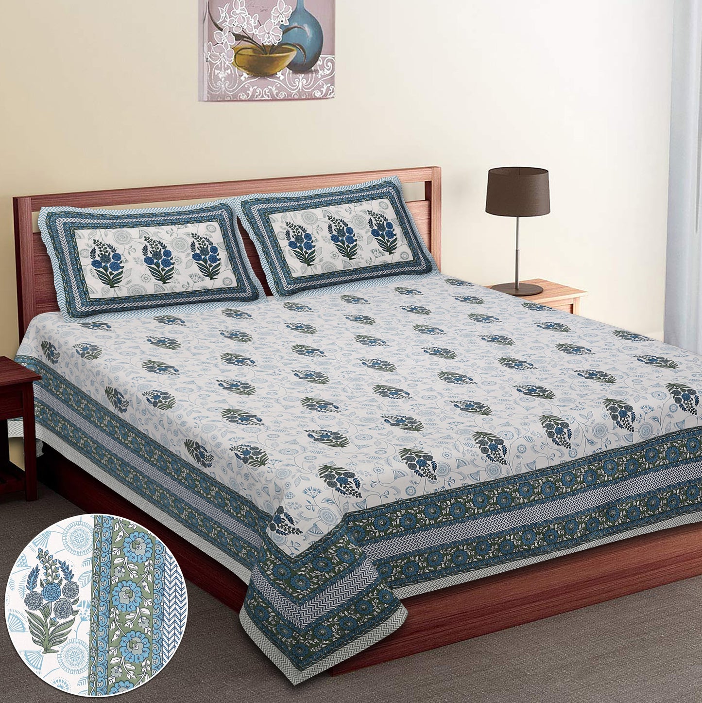 108/108 Hastkala 100% Cotton Jumbo Size Double Bedsheet with 2 Pillow Covers, Traditional Craft & Premium Comfort - HLB69