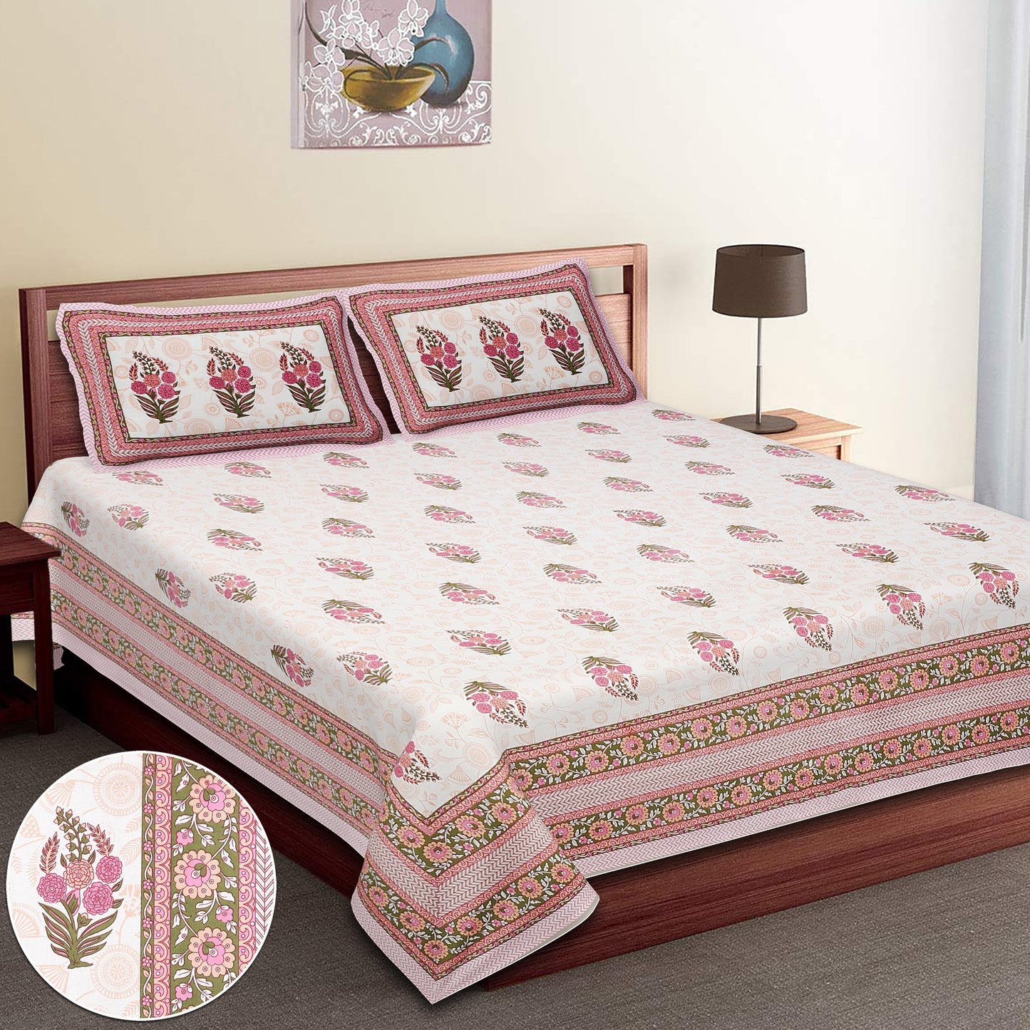 108/108 Hastkala 100% Cotton Jumbo Size Double Bedsheet with 2 Pillow Covers, Traditional Craft & Premium Comfort - HLB69