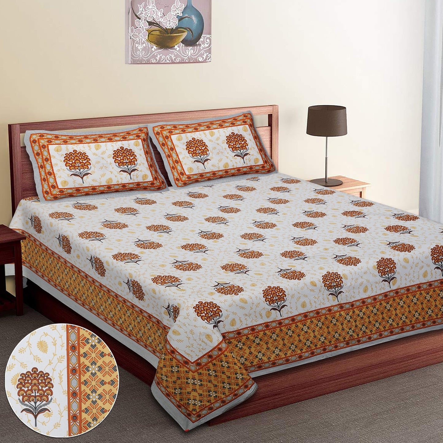 108/108 Hastkala 100% Cotton Jumbo Size Double Bedsheet with 2 Pillow Covers, Traditional Craft & Premium Comfort - HLB69