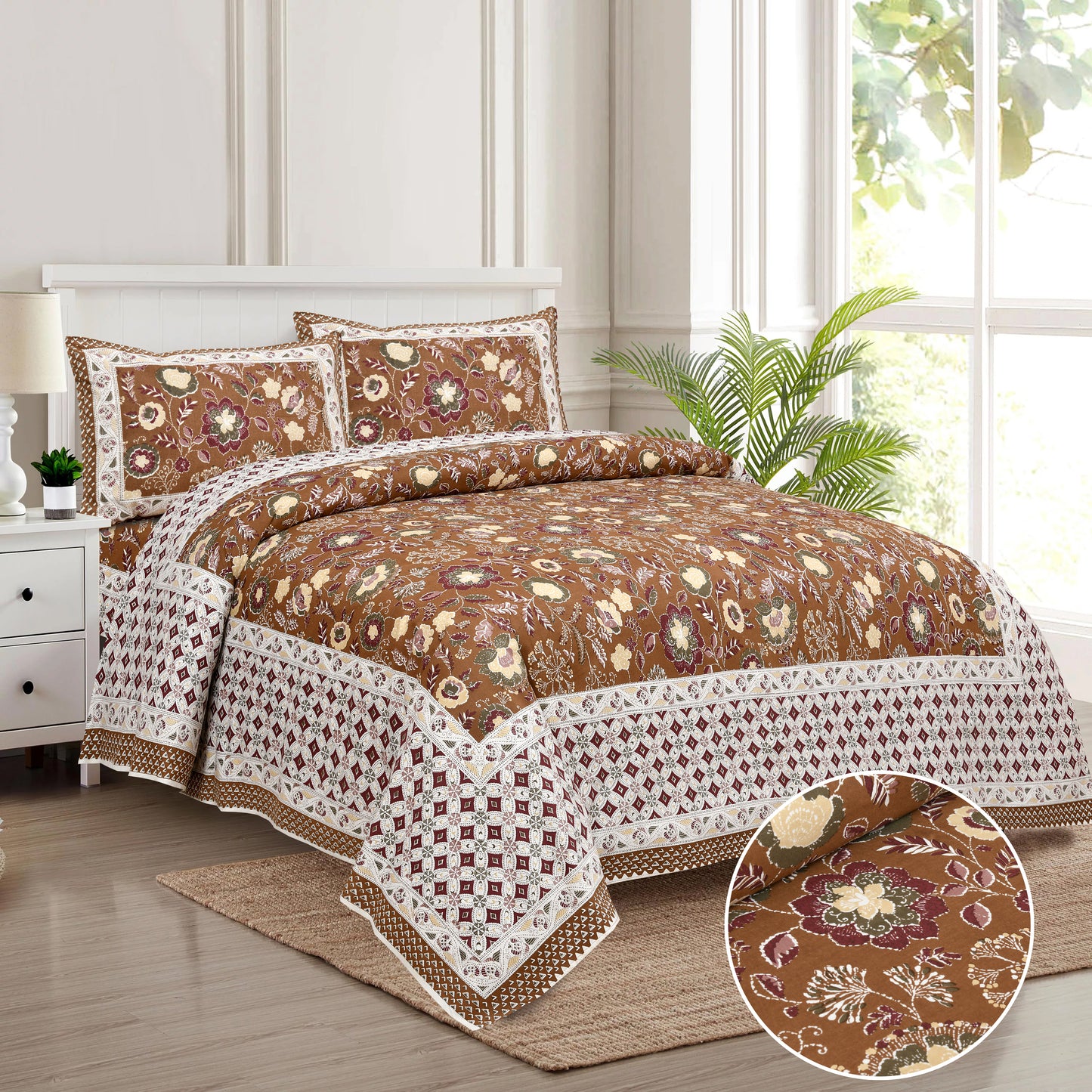 100/108 Katha Art 100% Cotton Super King Size Double Bedsheet with 2 Pillow Covers, Luxurious & Traditional Prints - HLB44