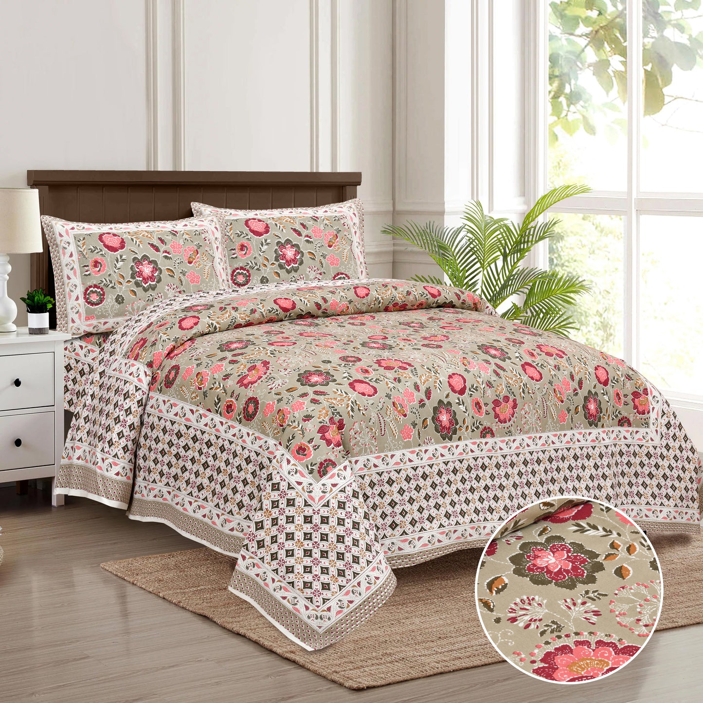 100/108 Katha Art 100% Cotton Super King Size Double Bedsheet with 2 Pillow Covers, Luxurious & Traditional Prints - HLB44