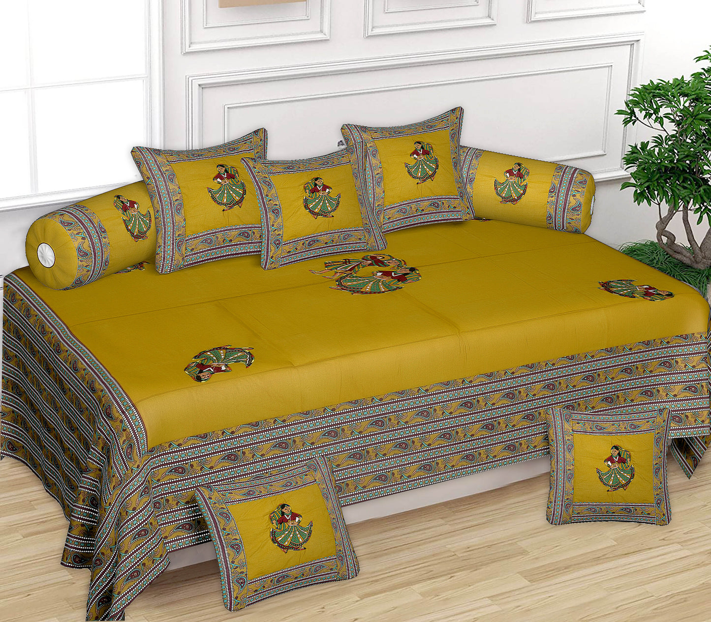 Patch Work 100% Cotton Deewan Set (1 Bedsheet + 2 Bolster Covers + 5 Cushion Covers), Handcrafted & Soft Fabric - HLB02