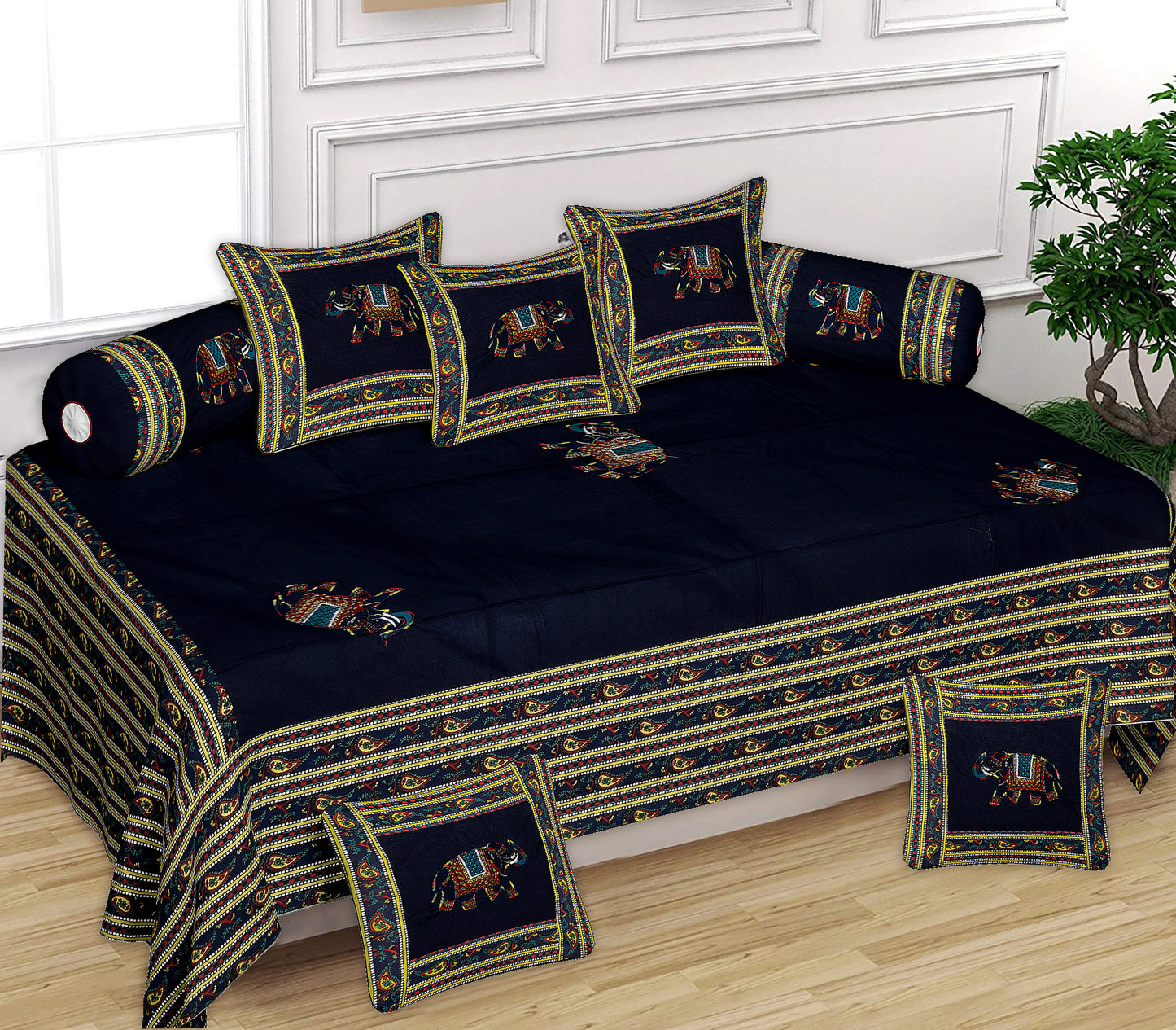 Patch Work 100% Cotton Deewan Set (1 Bedsheet + 2 Bolster Covers + 5 Cushion Covers), Handcrafted & Soft Fabric - HLB02