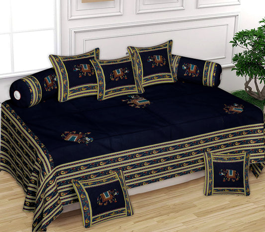 Patch Work 100% Cotton Deewan Set (1 Bedsheet + 2 Bolster Covers + 5 Cushion Covers), Handcrafted & Soft Fabric - HLB02