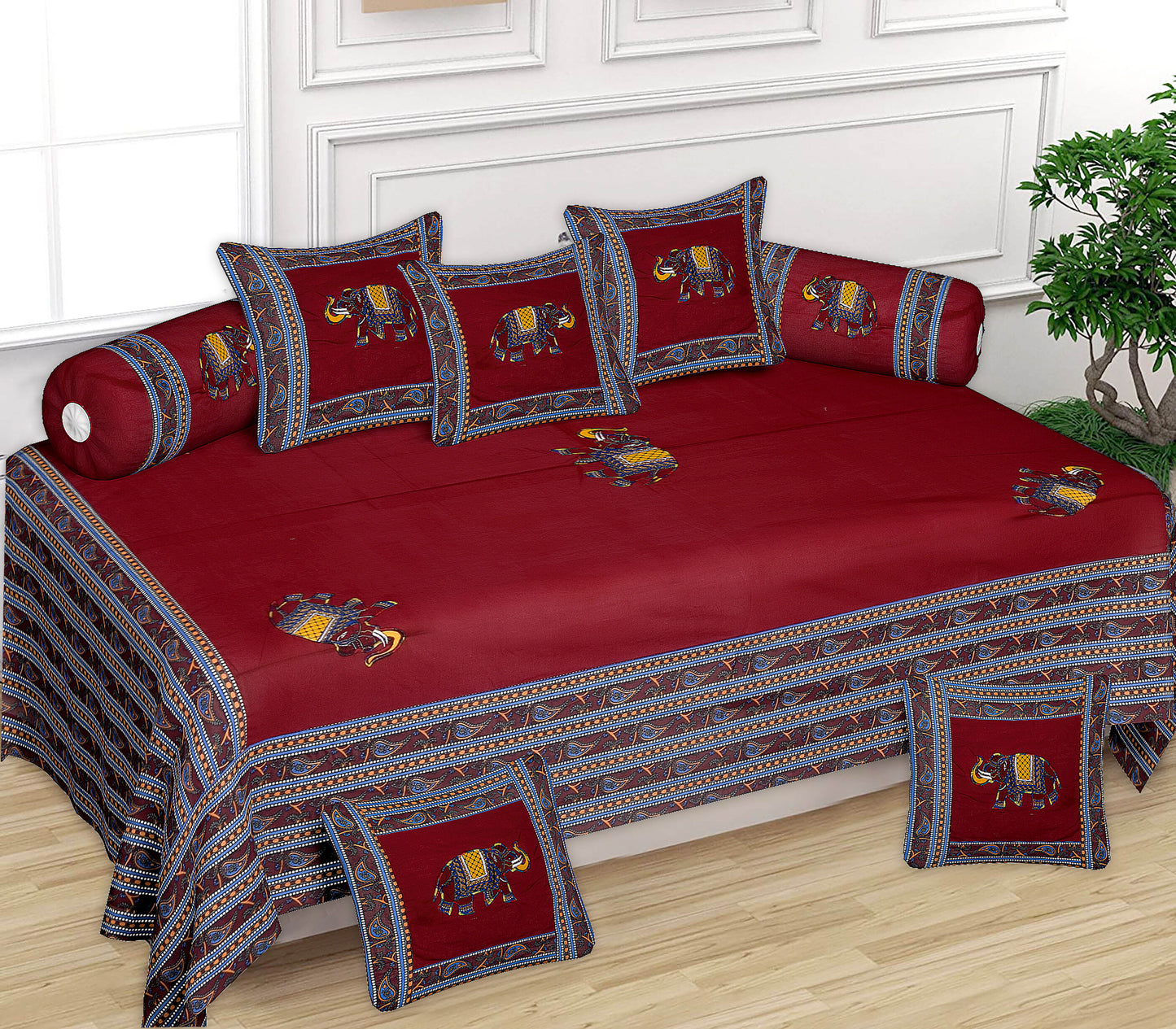 Patch Work 100% Cotton Deewan Set (1 Bedsheet + 2 Bolster Covers + 5 Cushion Covers), Handcrafted & Soft Fabric - HLB02