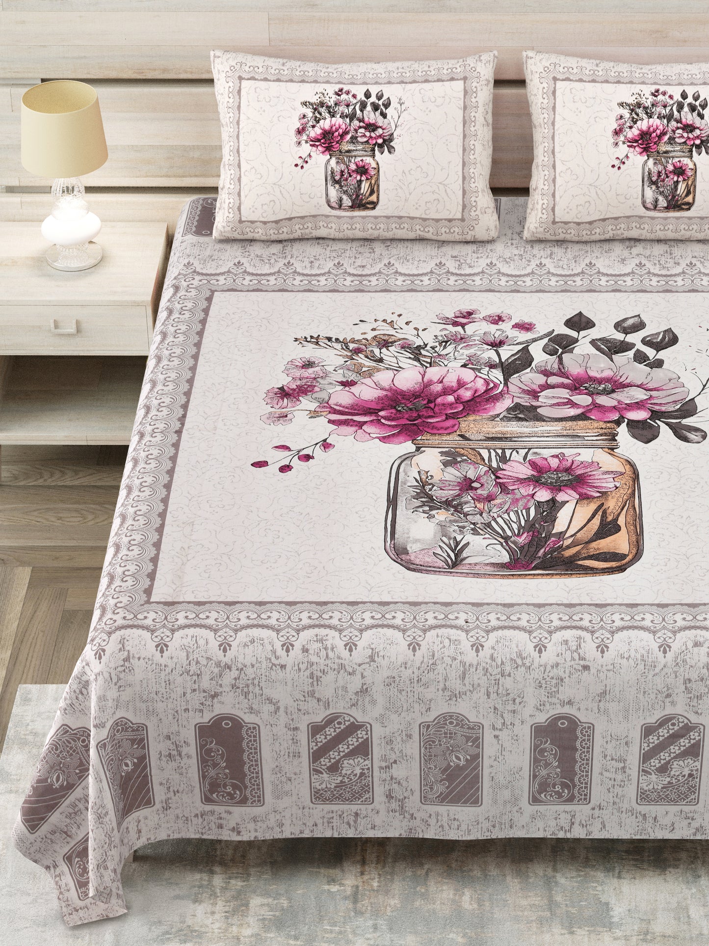 100/108 Photo Frame Viscose Mix Super King Size Double Bedsheet with 2 Pillow Covers, Artistic Prints & Soft Fabric - HLB29