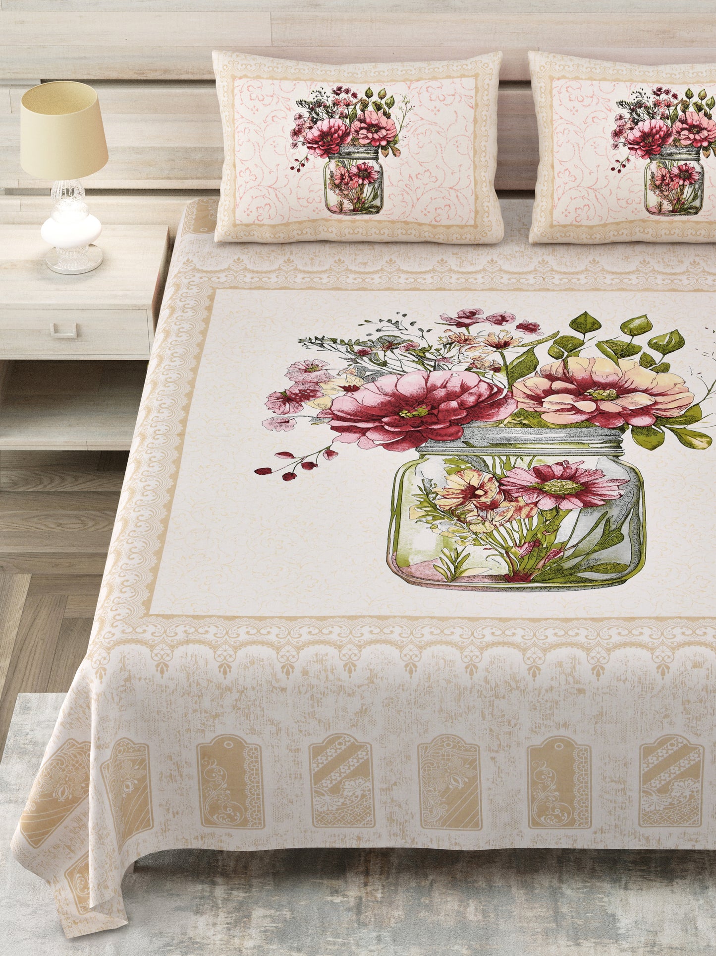 100/108 Photo Frame Viscose Mix Super King Size Double Bedsheet with 2 Pillow Covers, Artistic Prints & Soft Fabric - HLB29
