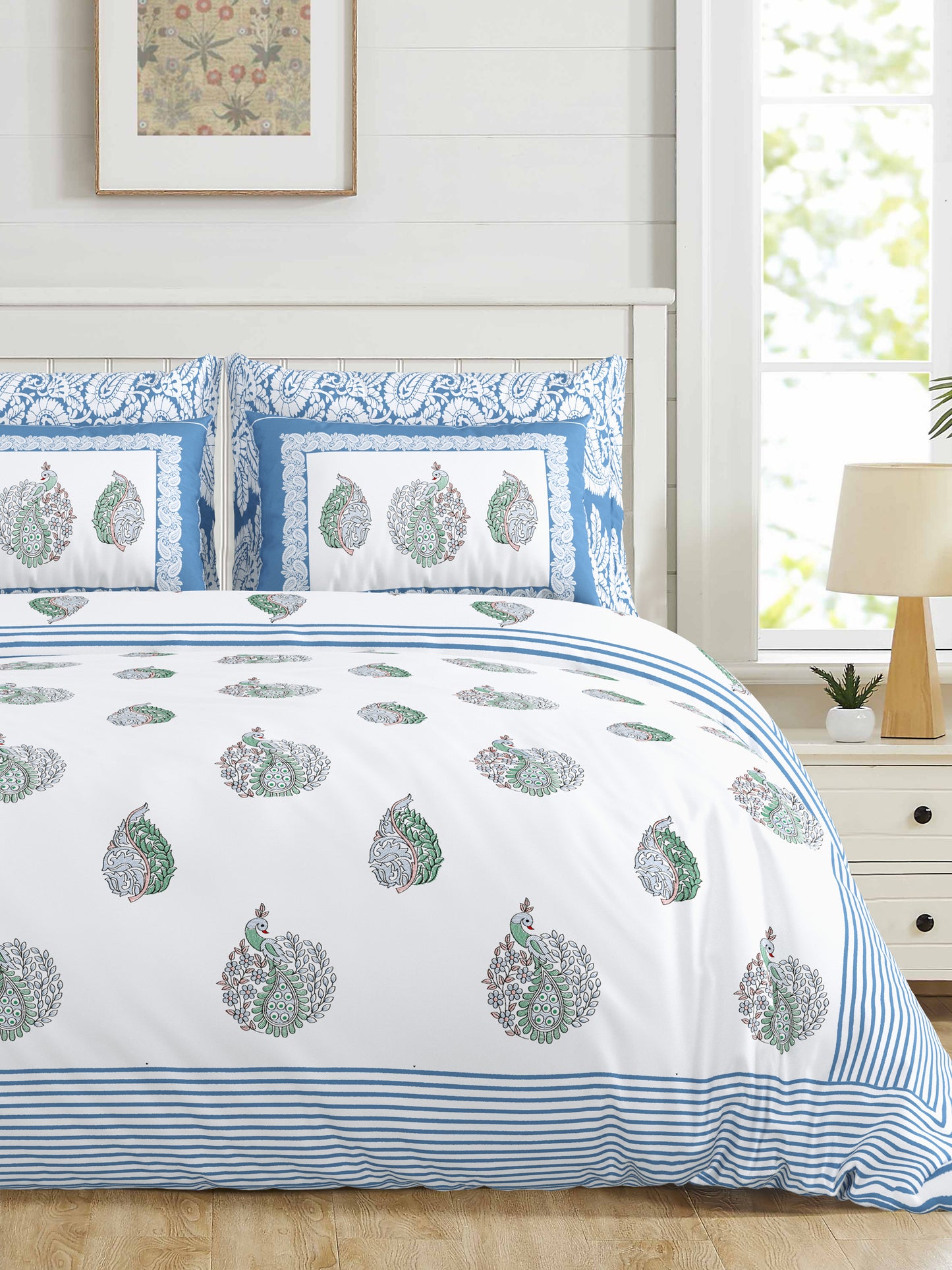 108/108 Real Handblock 100% Cotton Jumbo Size Double Bedsheet with 2 Pillow Covers, Authentic Craft & Soft Fabric - HLB74