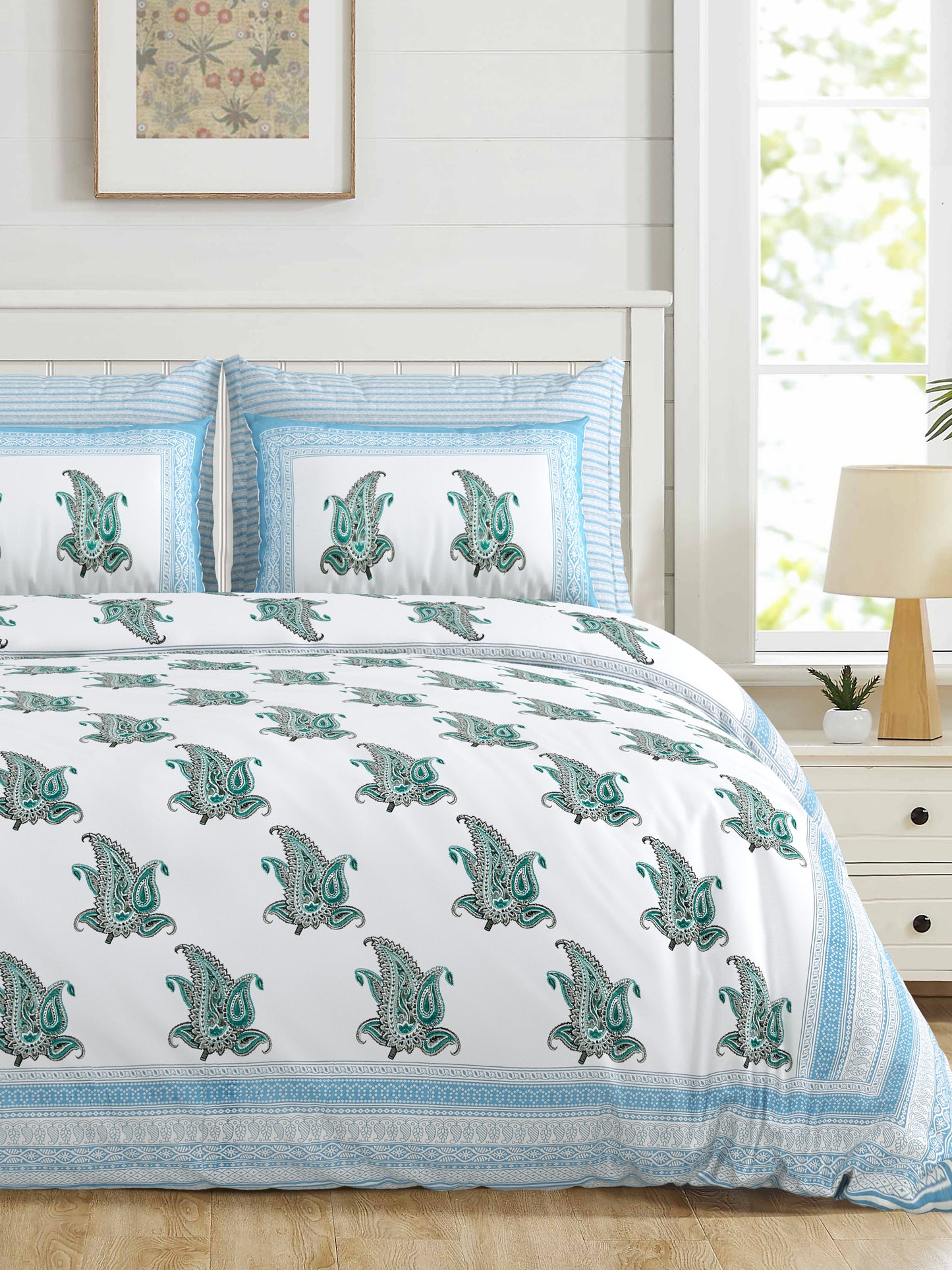 108/108 Real Handblock 100% Cotton Jumbo Size Double Bedsheet with 2 Pillow Covers, Authentic Craft & Soft Fabric - HLB74