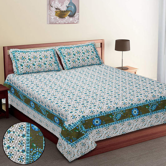 108/108 Suzani Print 100% Cotton Jumbo Size Double Bedsheet with 2 Pillow Covers, Stunning Handcrafted Look - HLB73