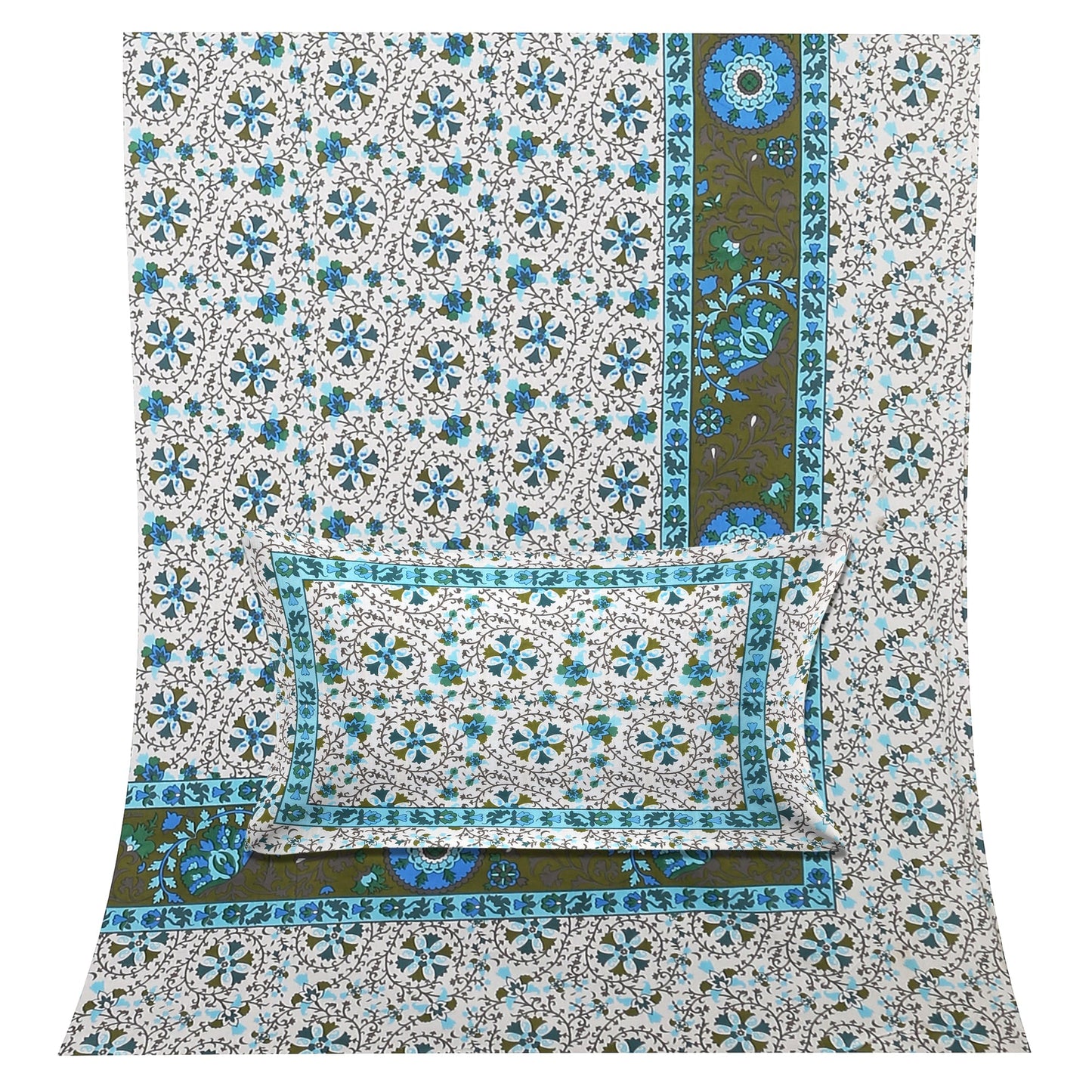 108/108 Suzani Print 100% Cotton Jumbo Size Double Bedsheet with 2 Pillow Covers, Stunning Handcrafted Look - HLB73