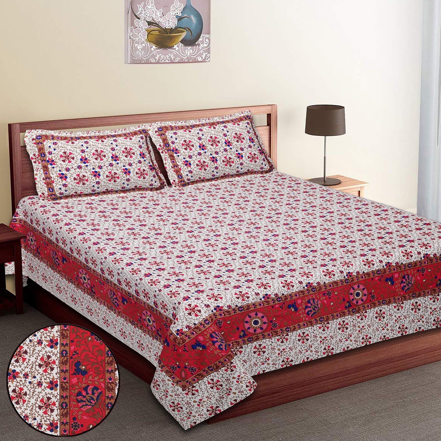 108/108 Suzani Print 100% Cotton Jumbo Size Double Bedsheet with 2 Pillow Covers, Stunning Handcrafted Look - HLB73